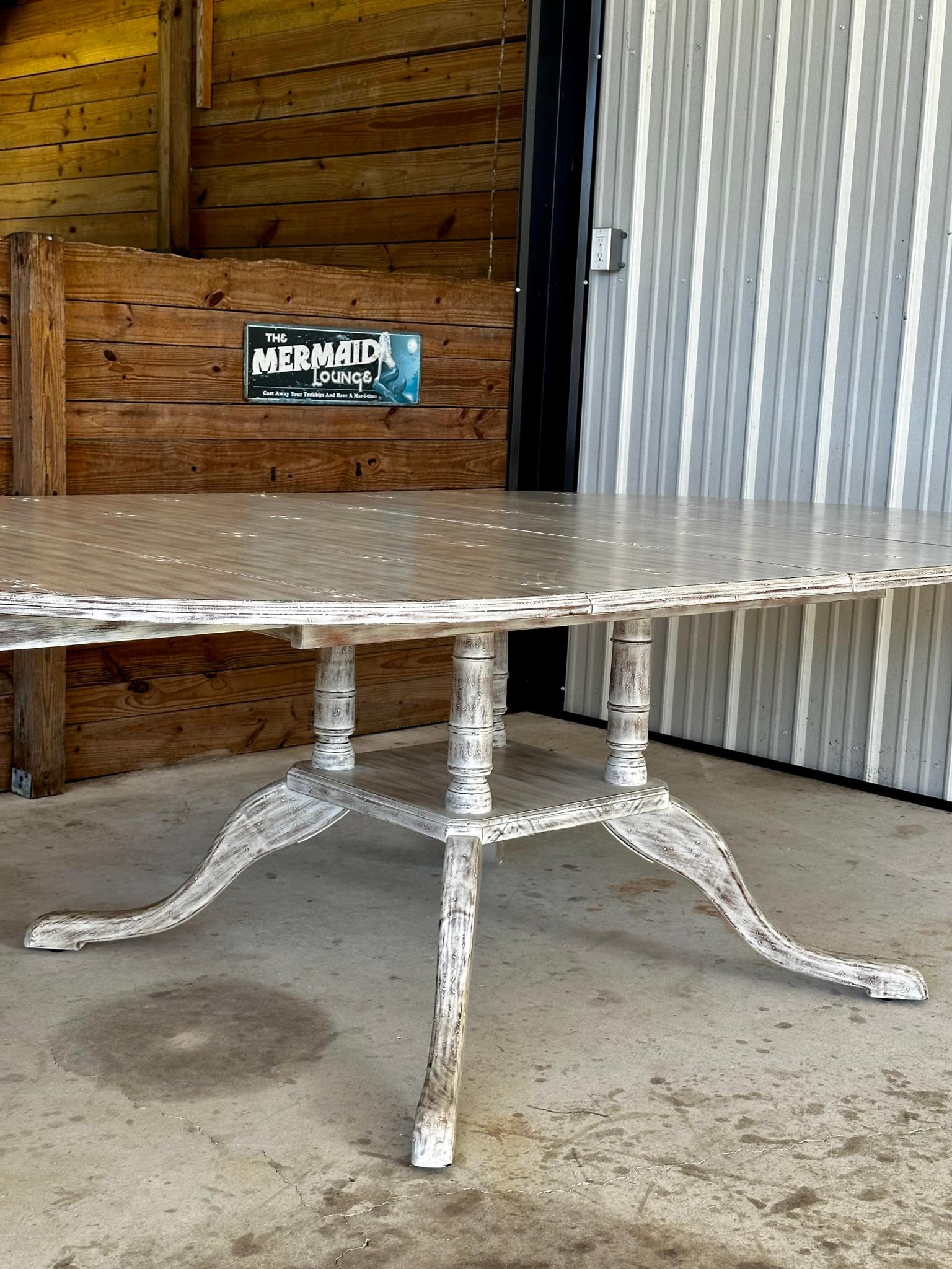 Coastal Distressed Extendable Pedestal Splayed Leg Dining Table For Sale 5
