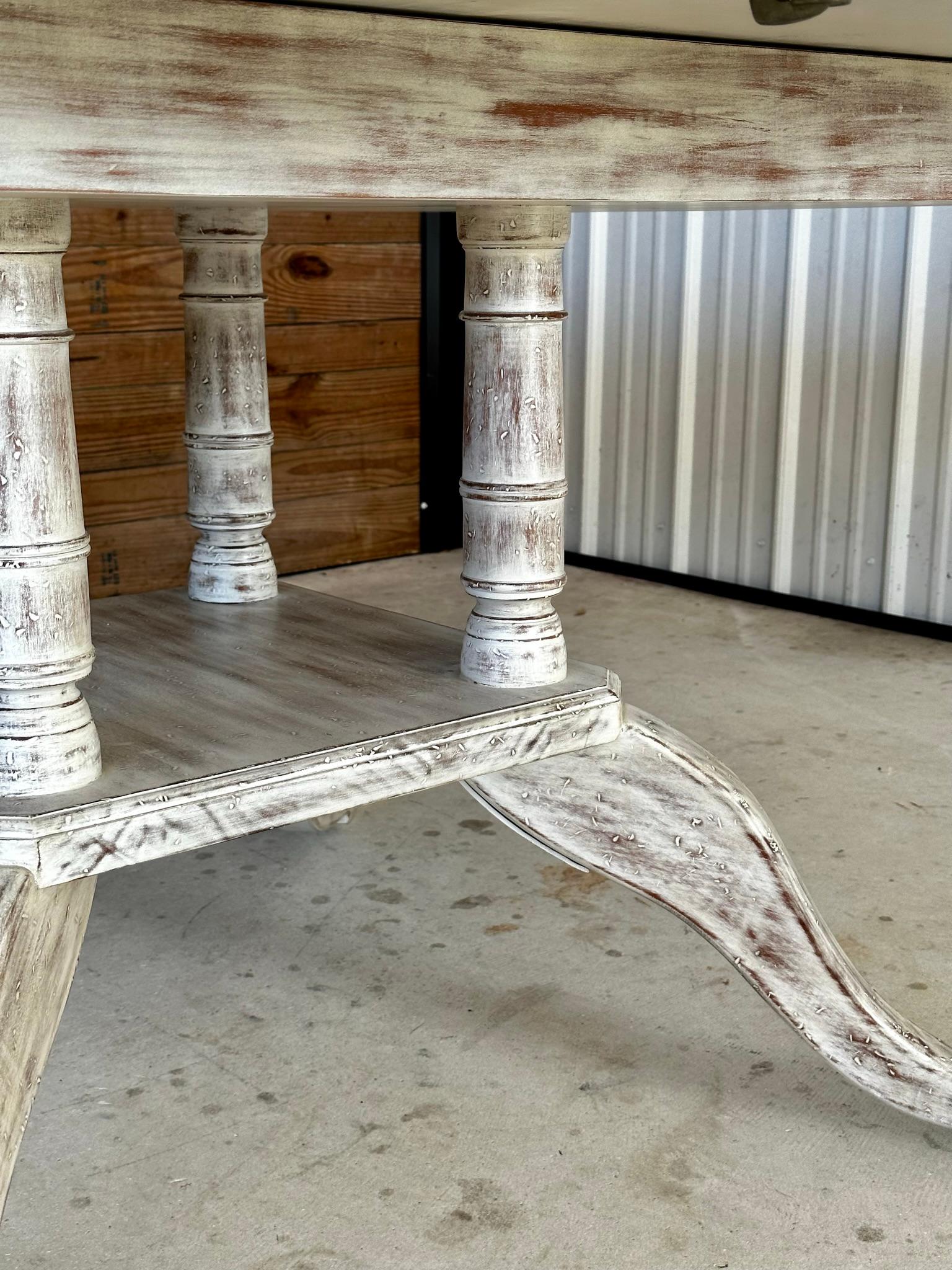 Wood Coastal Distressed Extendable Pedestal Splayed Leg Dining Table For Sale