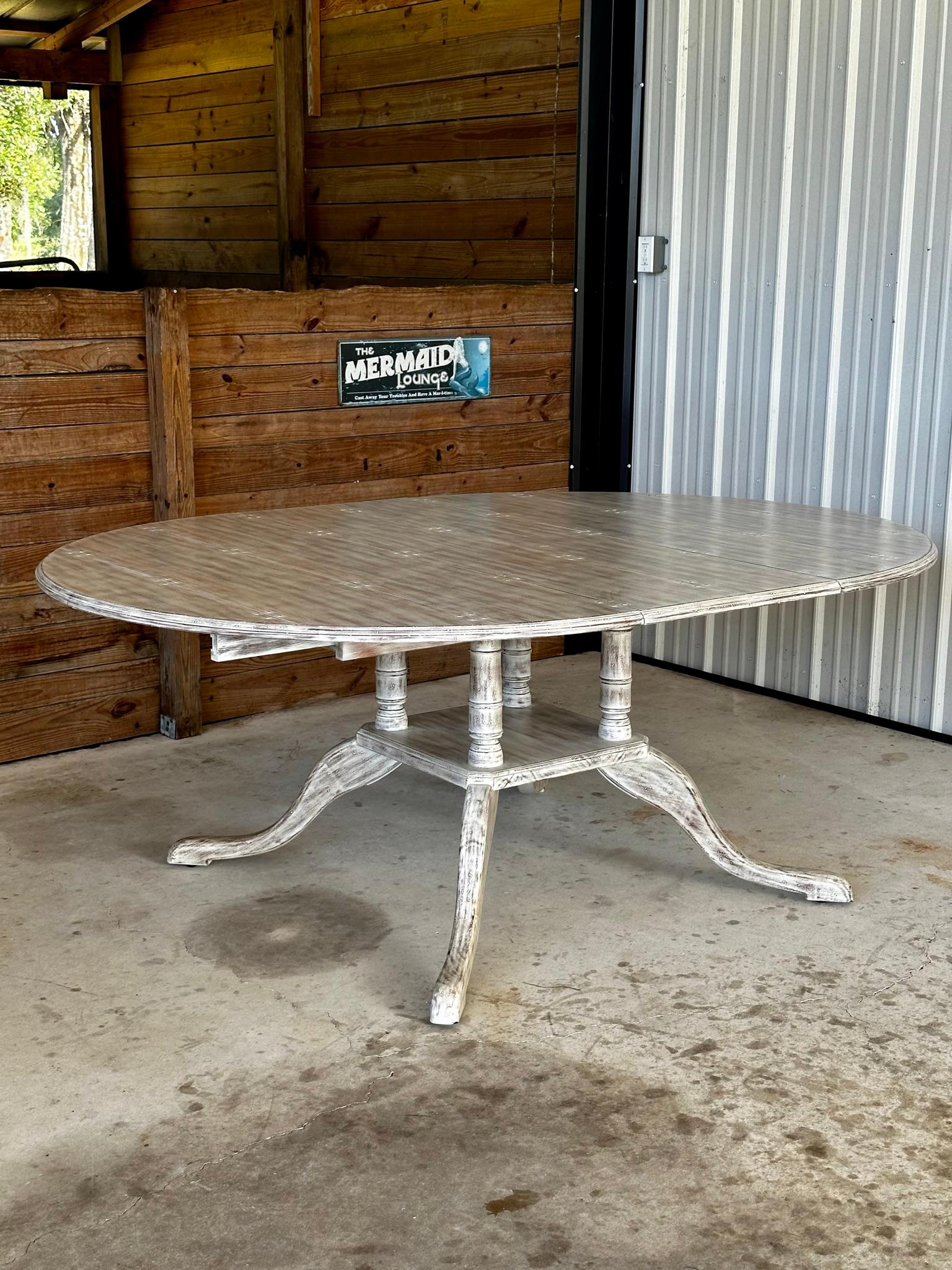Coastal Distressed Extendable Pedestal Splayed Leg Dining Table For Sale 1