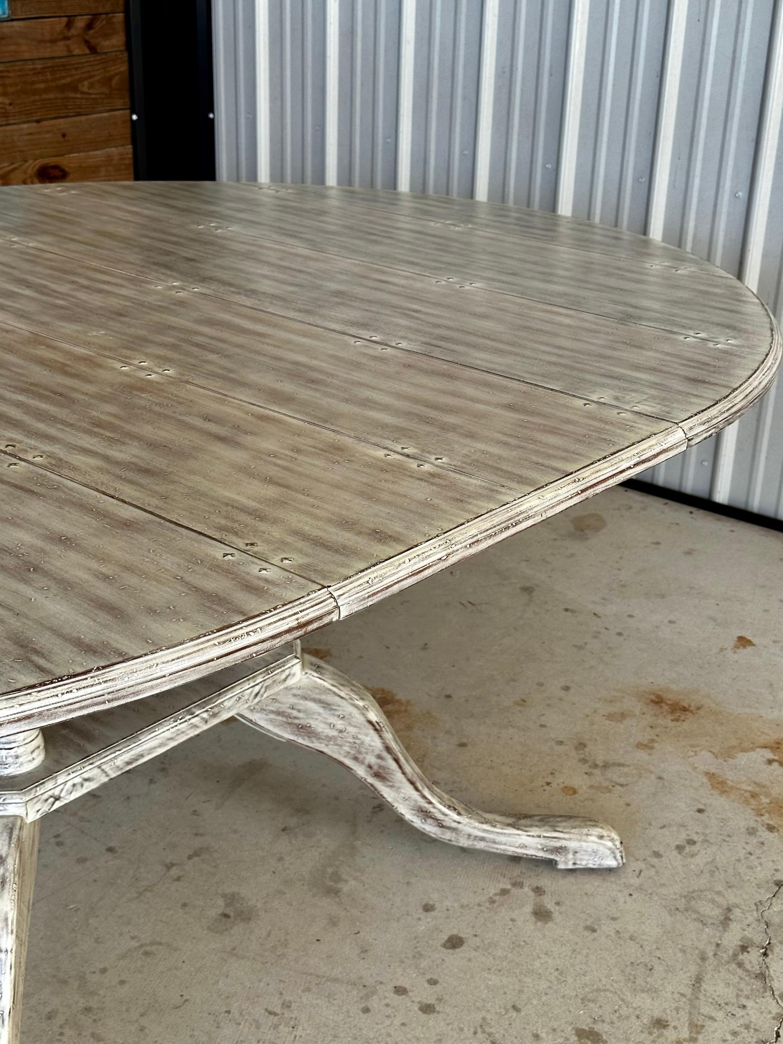 Coastal Distressed Extendable Pedestal Splayed Leg Dining Table For Sale 2