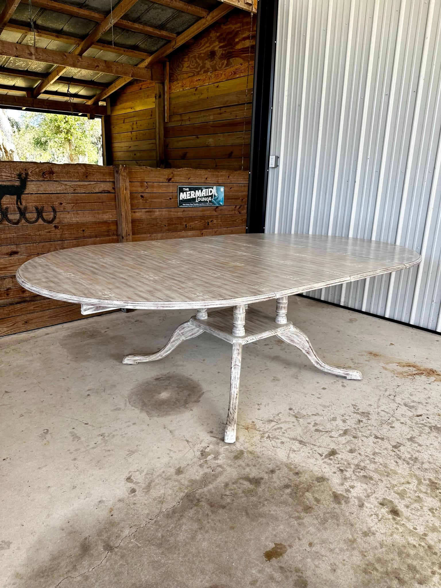 Coastal Distressed Extendable Pedestal Splayed Leg Dining Table For Sale 3