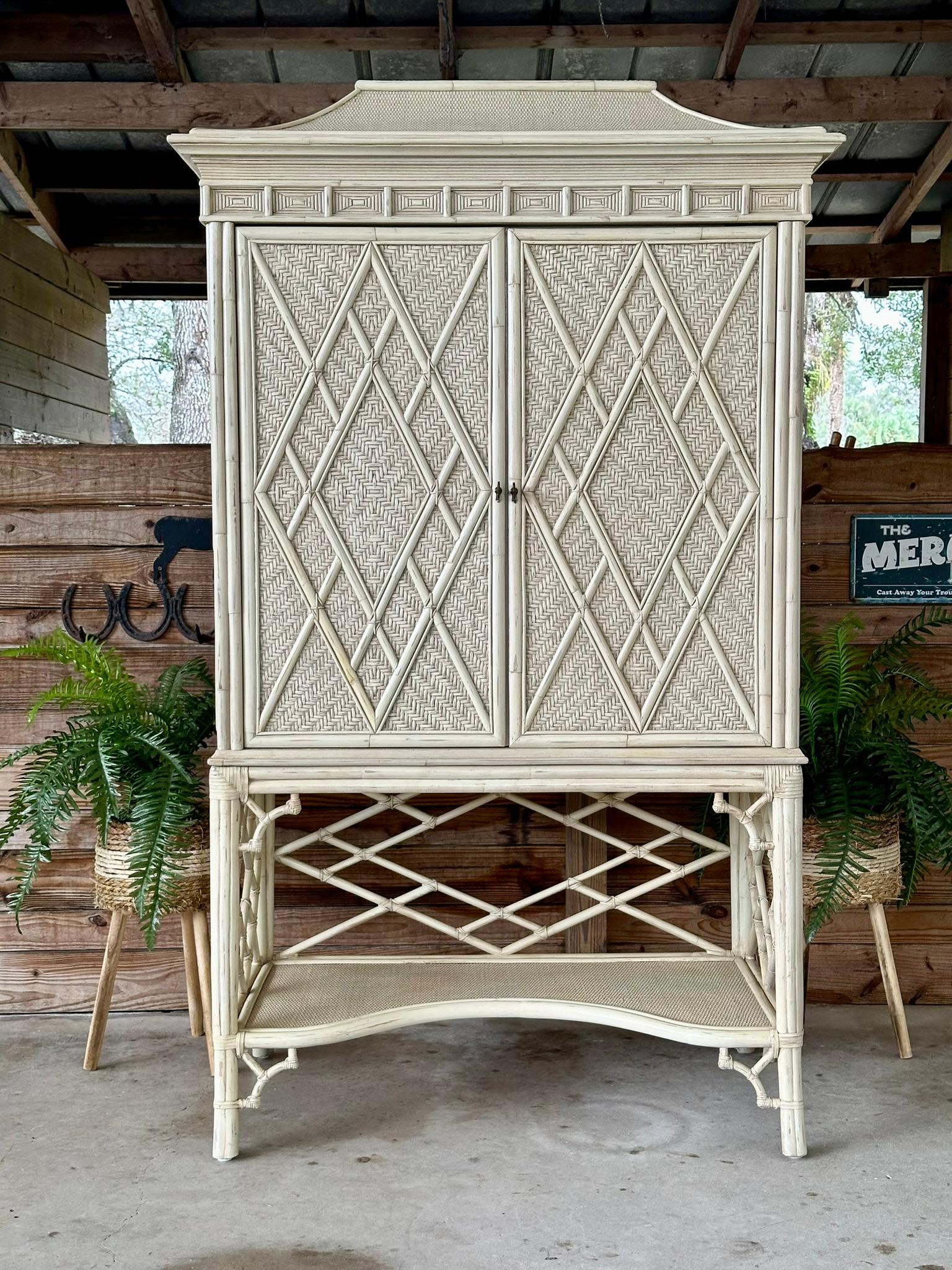 Coastal Distressed Woven Rattan Pagoda Fretwork Chippendale Style Cabinet 6