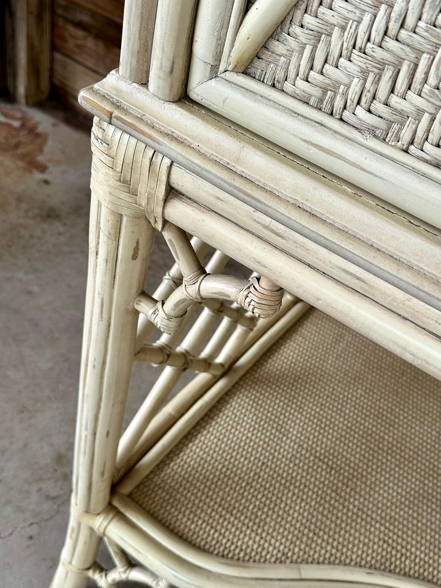 Unknown Coastal Distressed Woven Rattan Pagoda Fretwork Chippendale Style Cabinet
