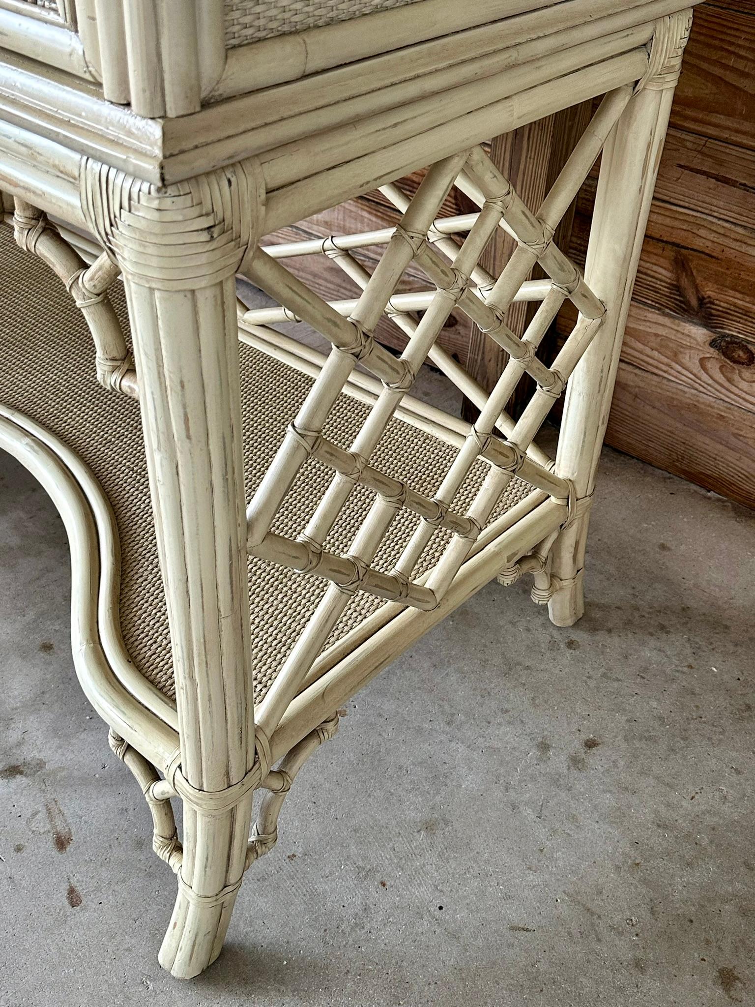 Hand-Crafted Coastal Distressed Woven Rattan Pagoda Fretwork Chippendale Style Cabinet