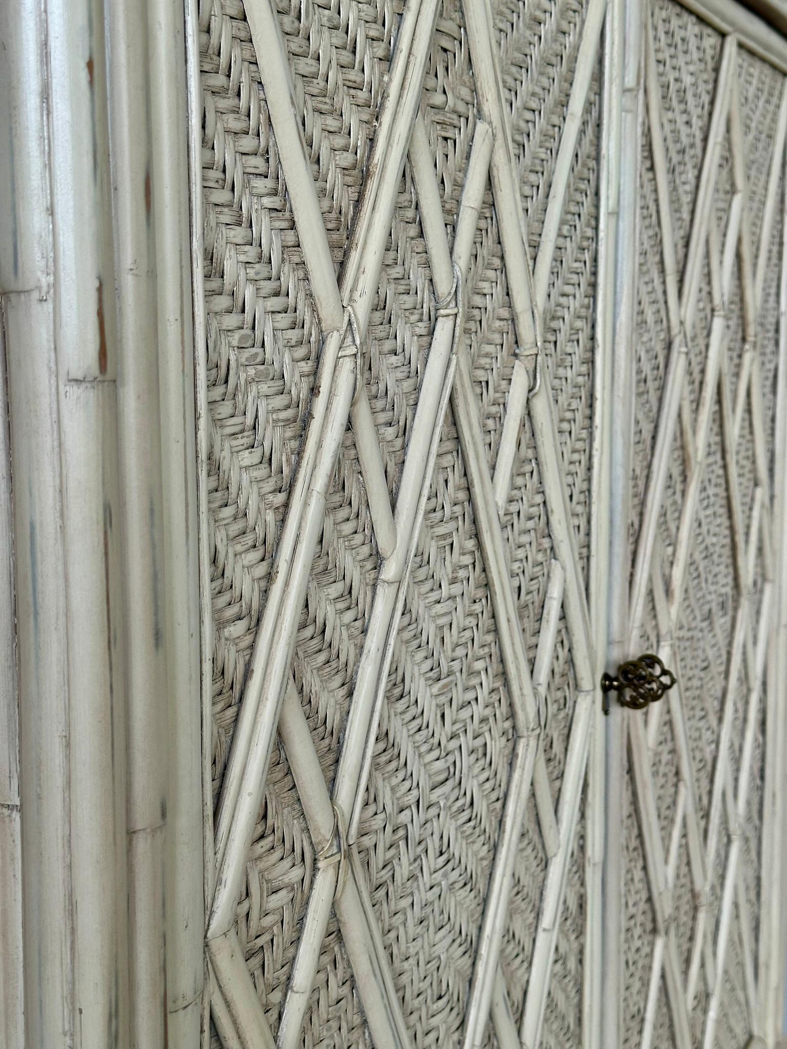 Coastal Distressed Woven Rattan Pagoda Fretwork Chippendale Style Cabinet 1