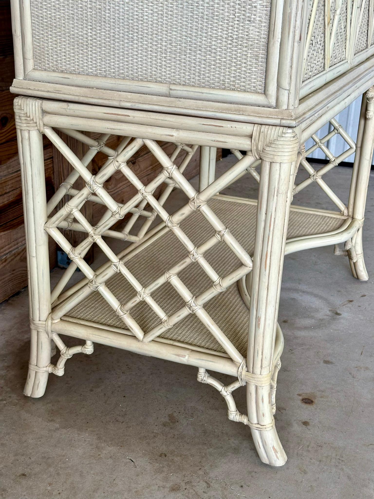 Coastal Distressed Woven Rattan Pagoda Fretwork Chippendale Style Cabinet 2
