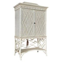 Coastal Distressed Woven Rattan Pagoda Fretwork Chippendale Style Cabinet