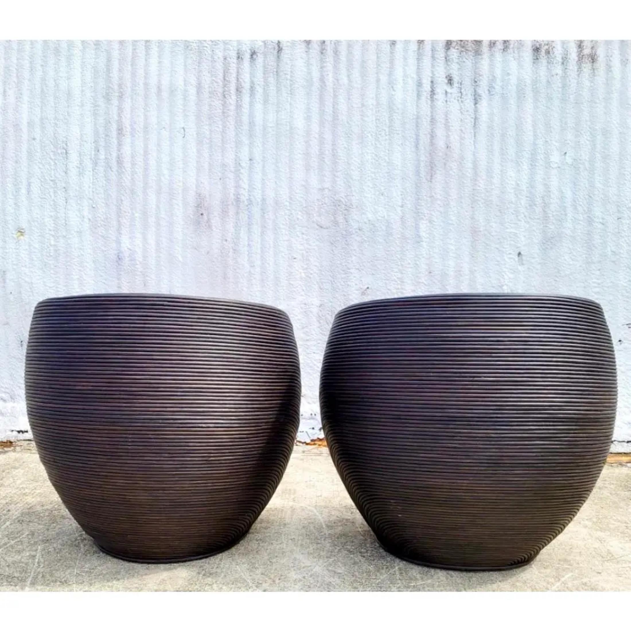 Coastal Ebony Pencil Reed Pod Chairs - a Pair In Good Condition In west palm beach, FL