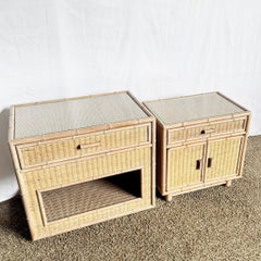 Coastal Faux Bamboo Wicker Glass Top Table on Casters and Nightstand- Set of 2