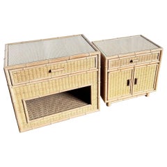 Coastal Faux Bamboo Wicker Glass Top Table on Casters and Nightstand- Set of 2