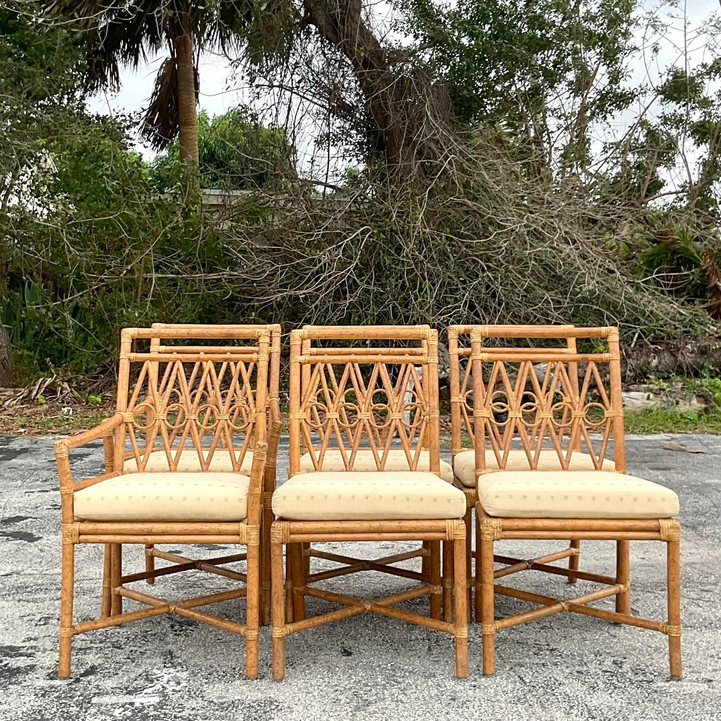 Coastal Ficks Reed Ring Rattan Dining Set of 6 In Good Condition In west palm beach, FL