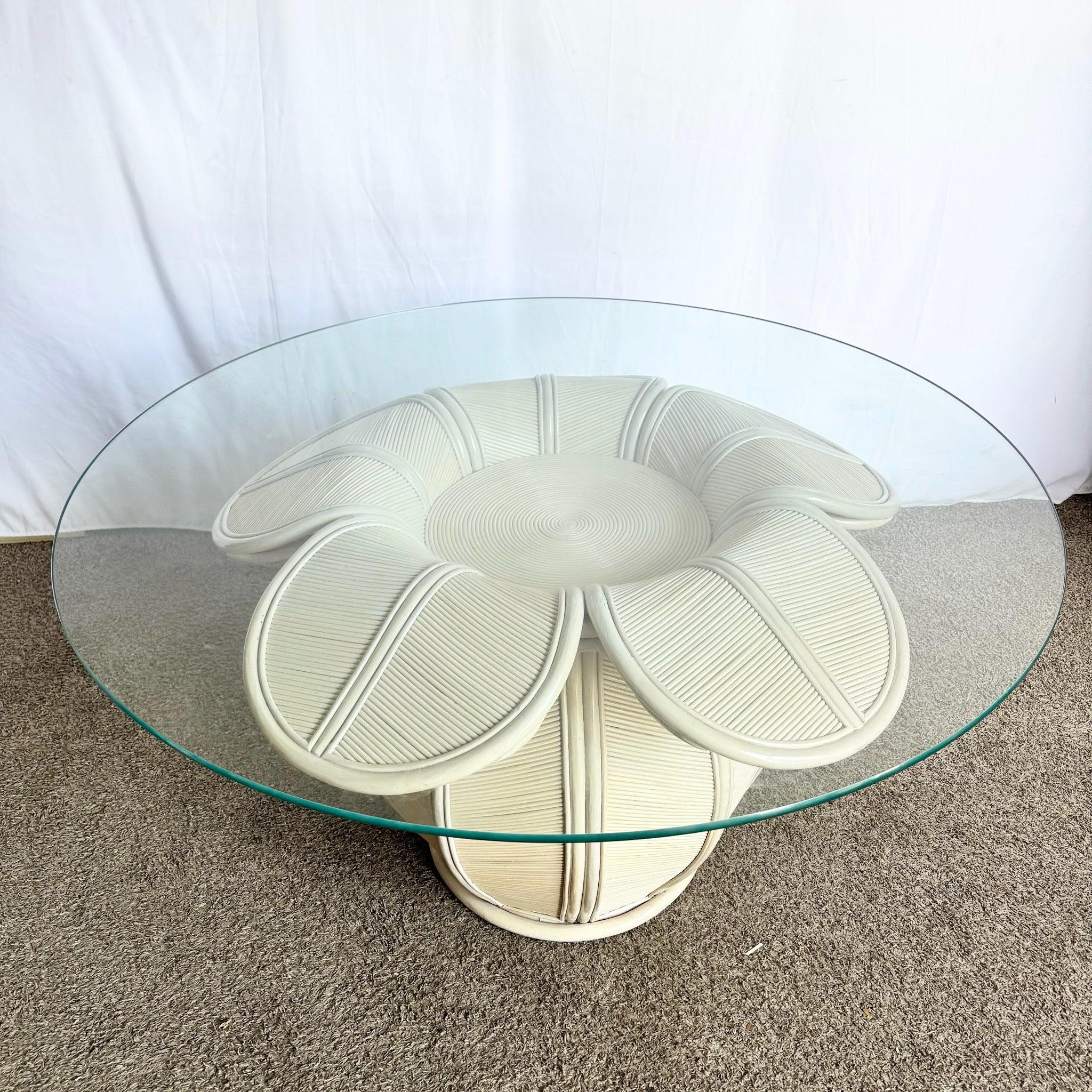 Philippine Coastal Flower Rattan and Reed Bell Flower Glass Top Dining Table For Sale