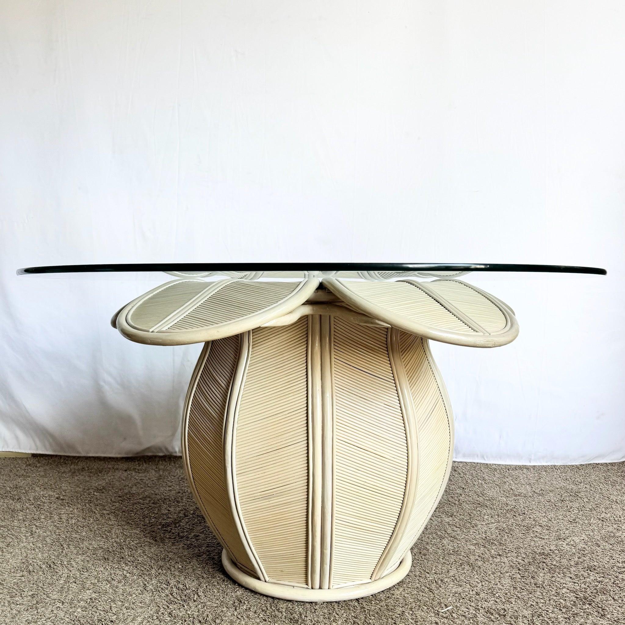 Late 20th Century Coastal Flower Rattan and Reed Bell Flower Glass Top Dining Table For Sale