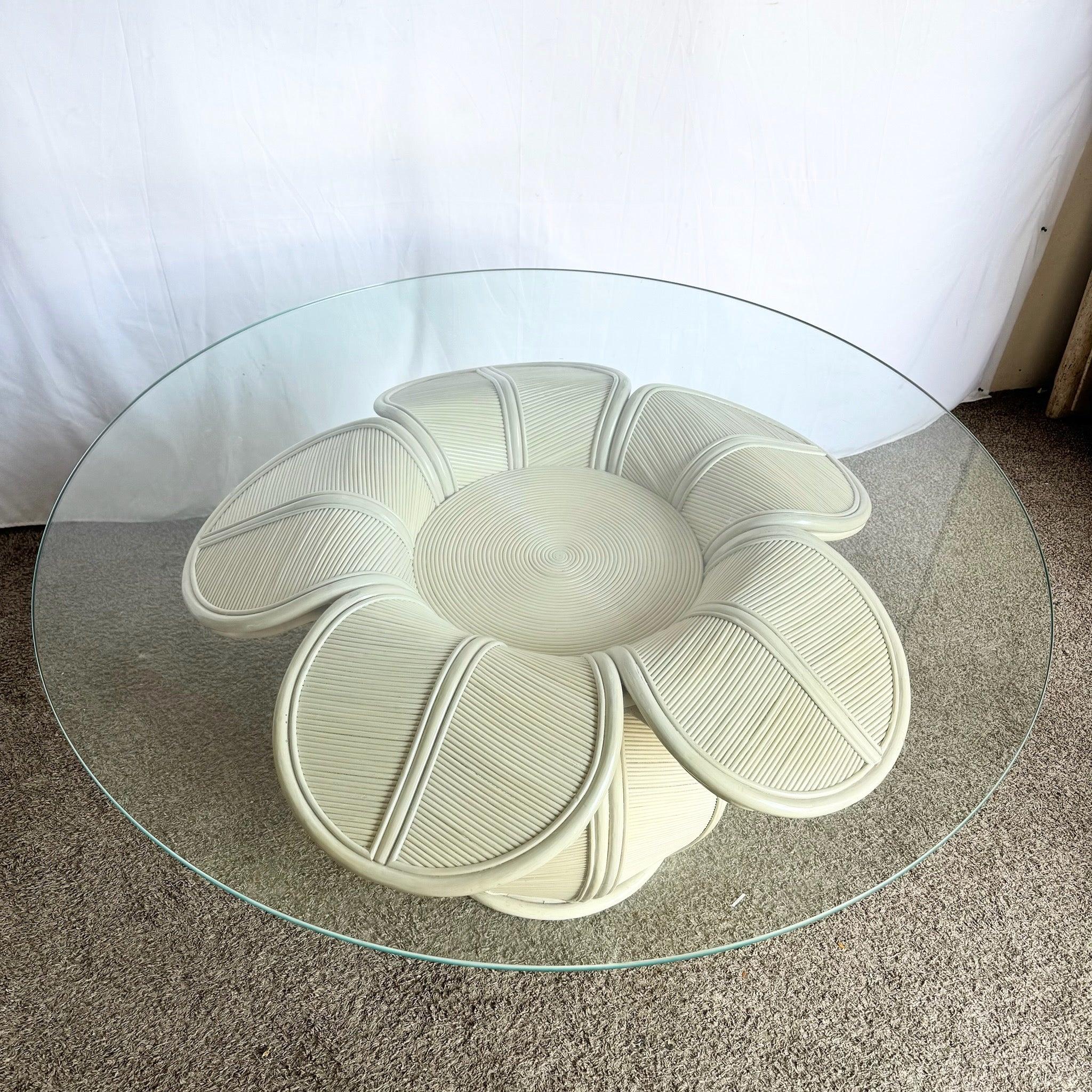 Coastal Flower Rattan and Reed Bell Flower Glass Top Dining Table For Sale