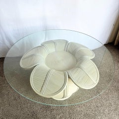 Coastal Flower Rattan and Reed Bell Flower Glass Top Dining Table