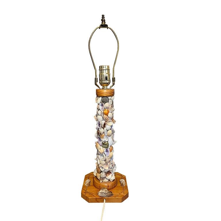 American Coastal Folk Art Sea Shell Encrusted Table Lamp with Harp For Sale