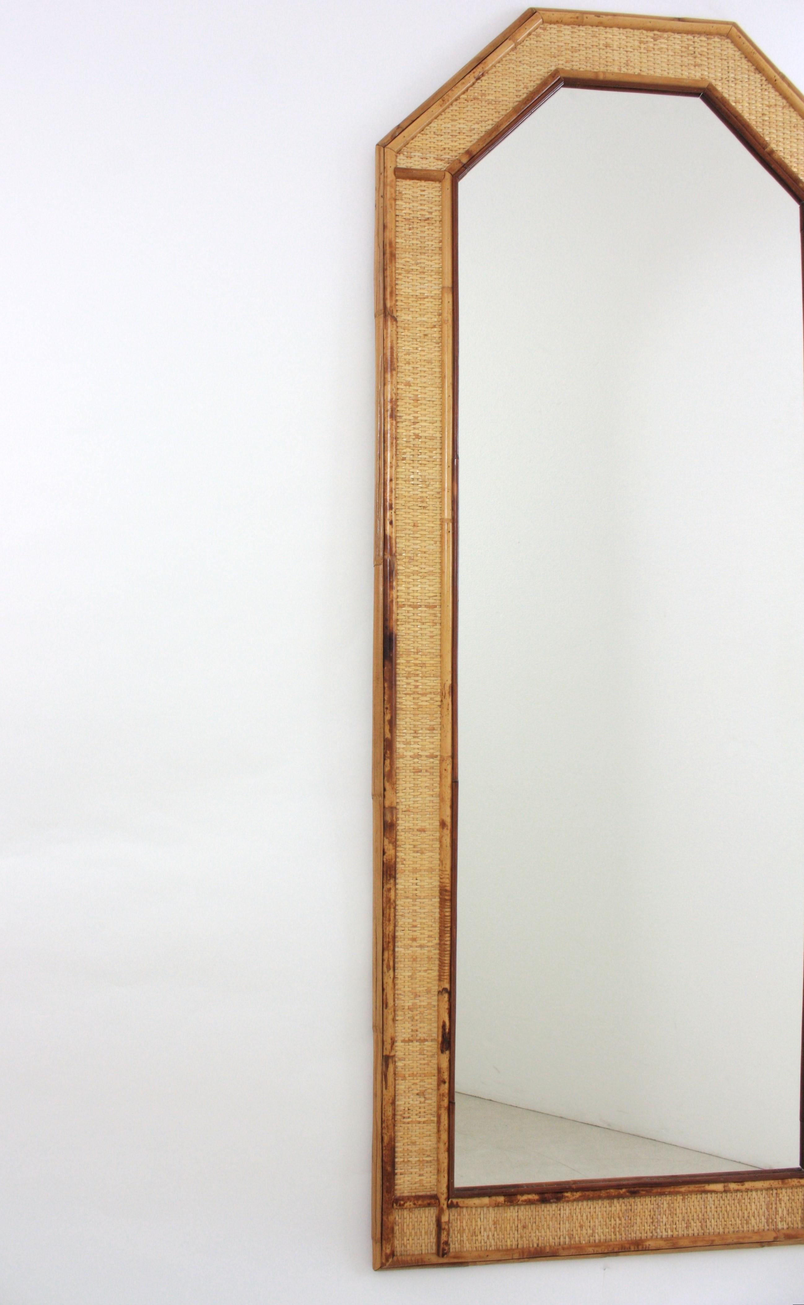 Italian Coastal Full Length Wall Mirror in Rattan and Woven Wicker For Sale