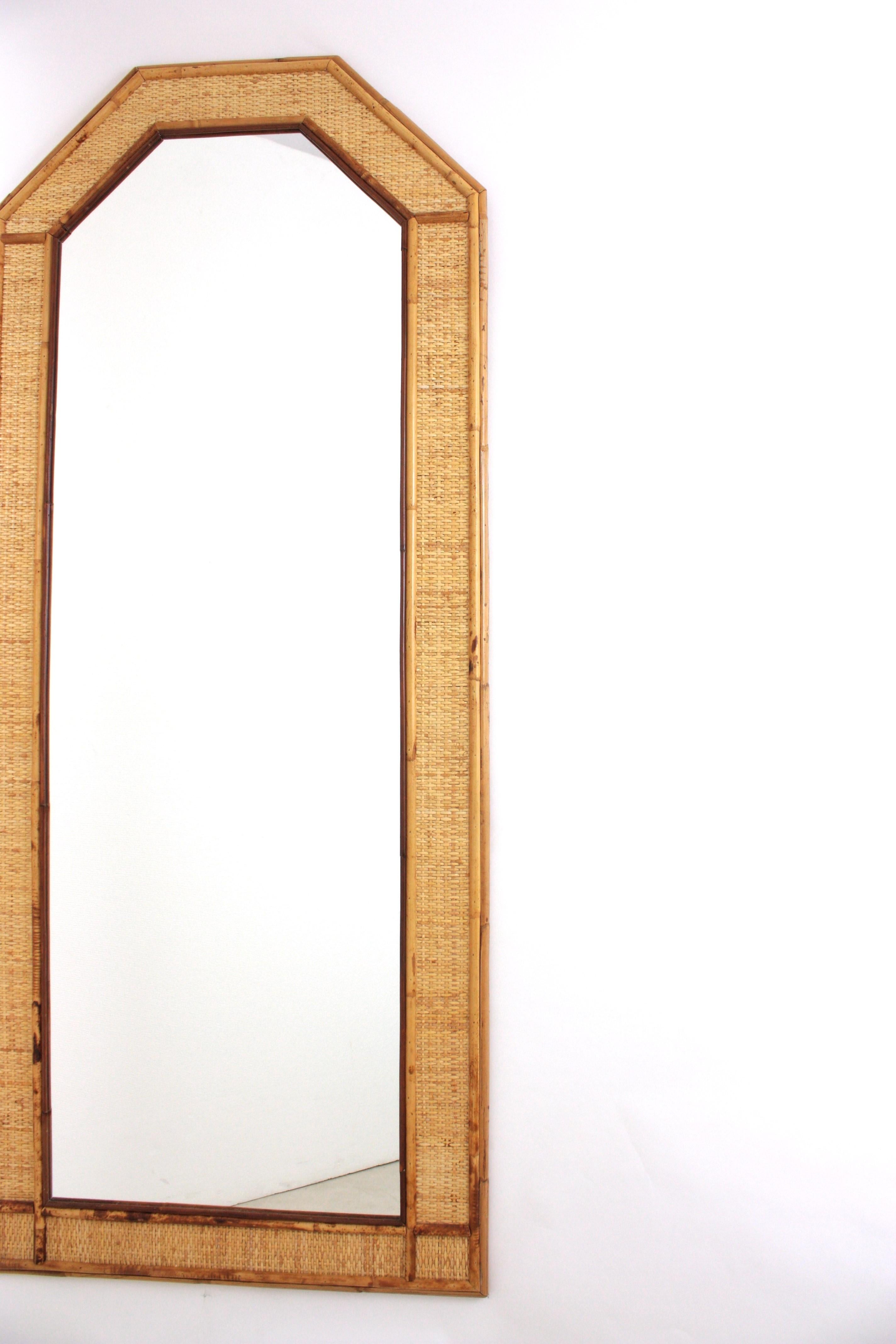 Hand-Crafted Coastal Full Length Wall Mirror in Rattan and Woven Wicker For Sale