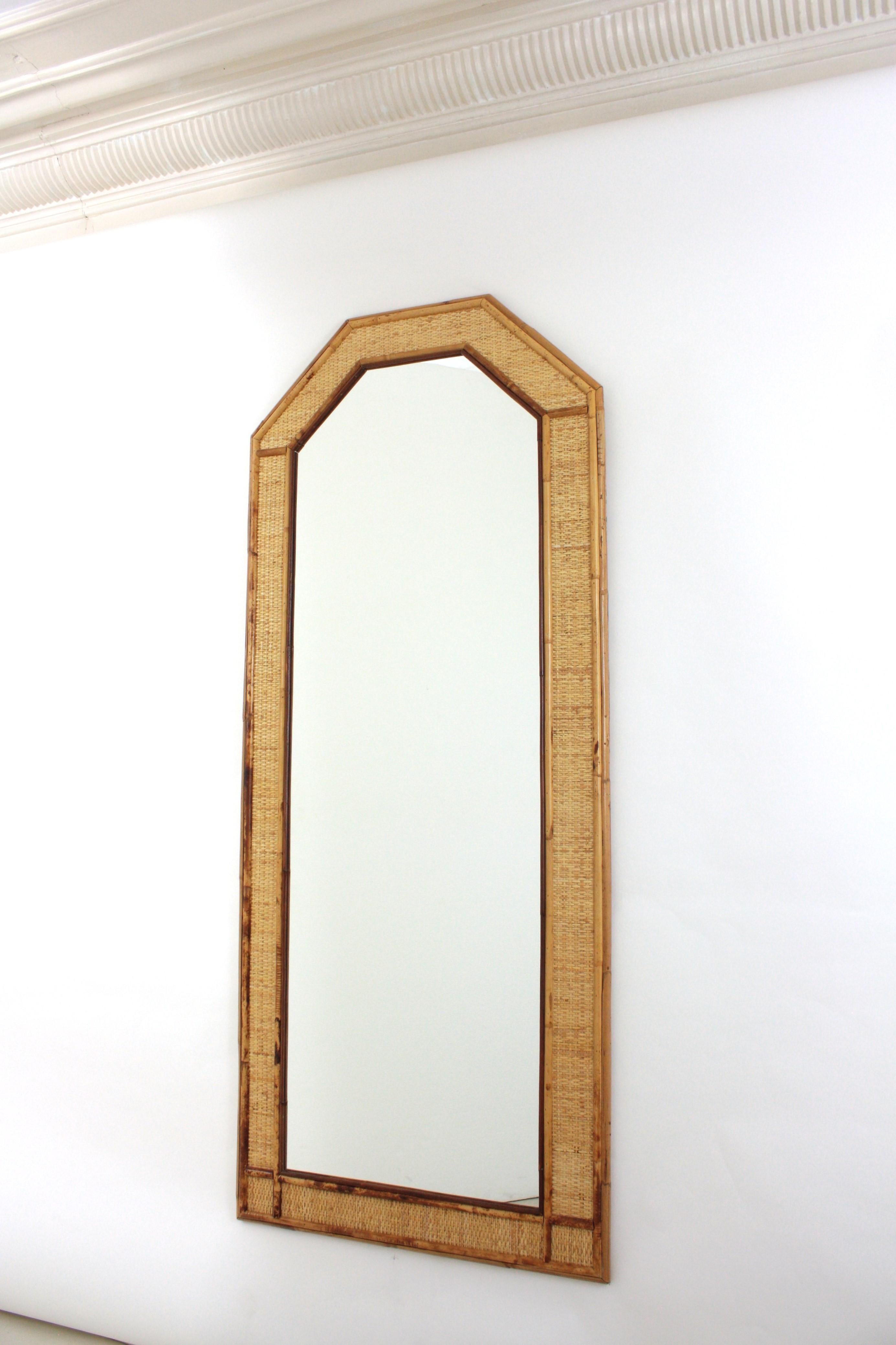 Coastal Full Length Wall Mirror in Rattan and Woven Wicker For Sale 1
