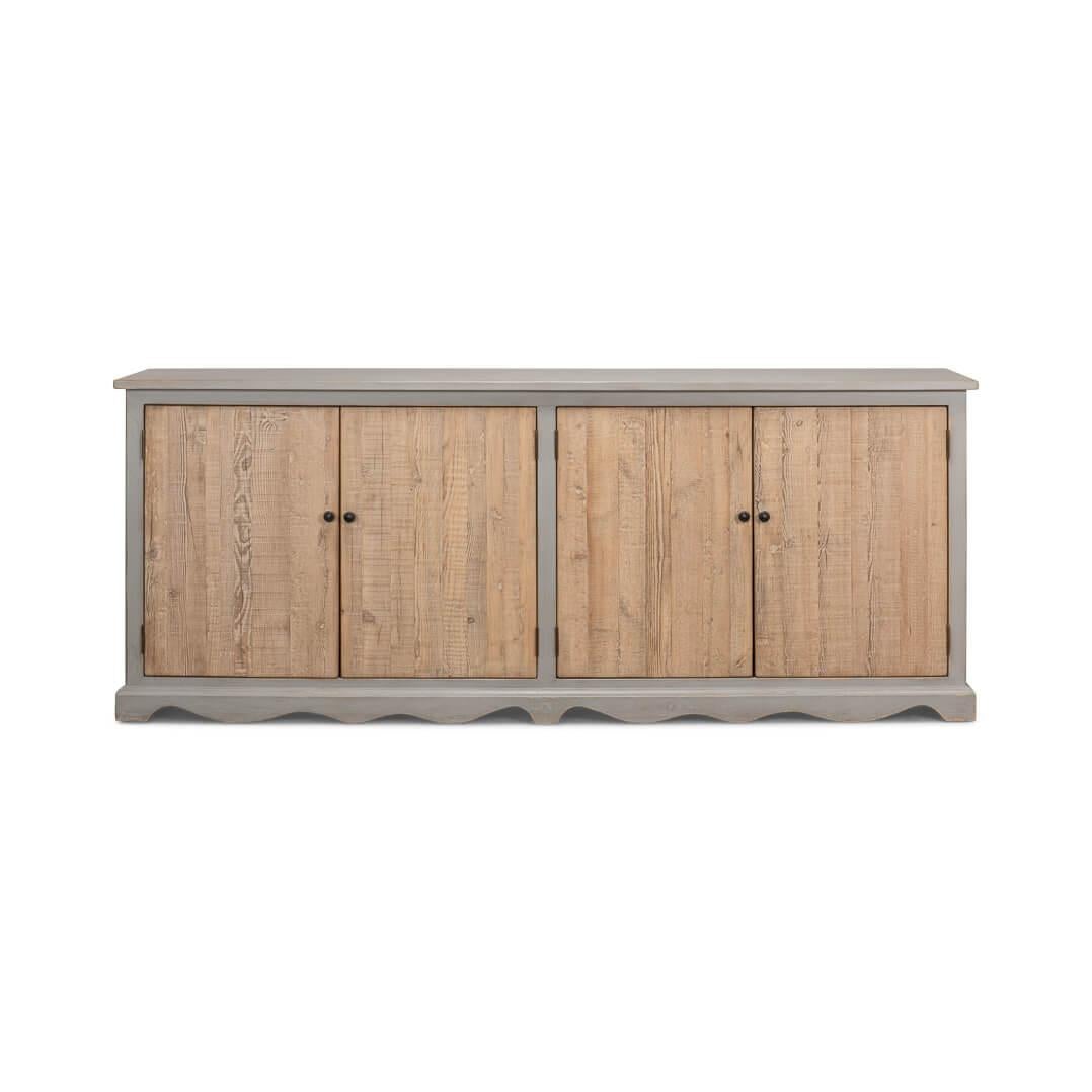 A piece that encapsulates the tranquility and charm of seaside living. The sideboard's body, finished in a soft, muted grey, elegantly frames the natural beauty of the wooden door panels.

These panels, with their visible grain and warm tone, bring