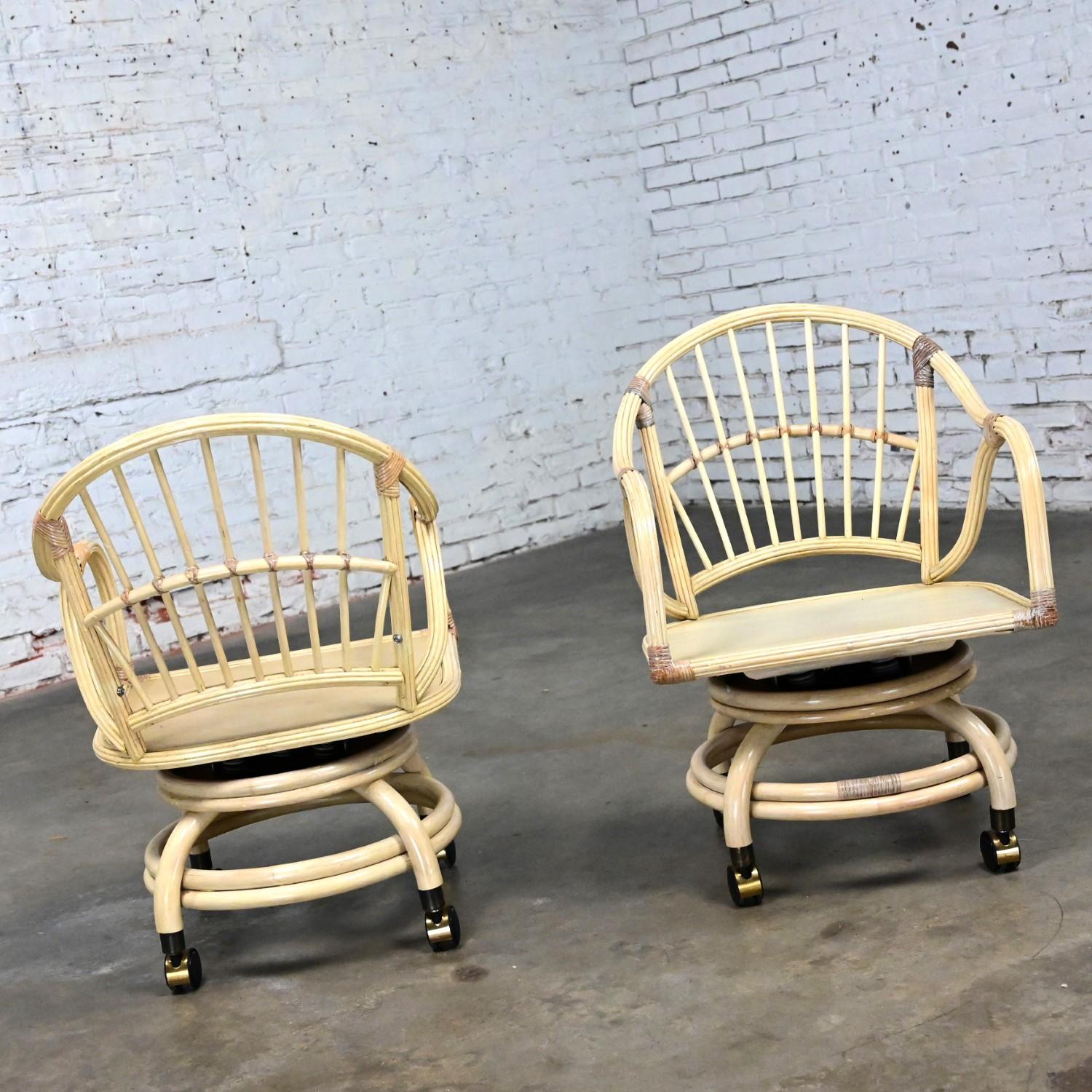 Coastal Island Style Cerused Reeded Rattan Rolling & Swivel Chairs a Pair For Sale 4