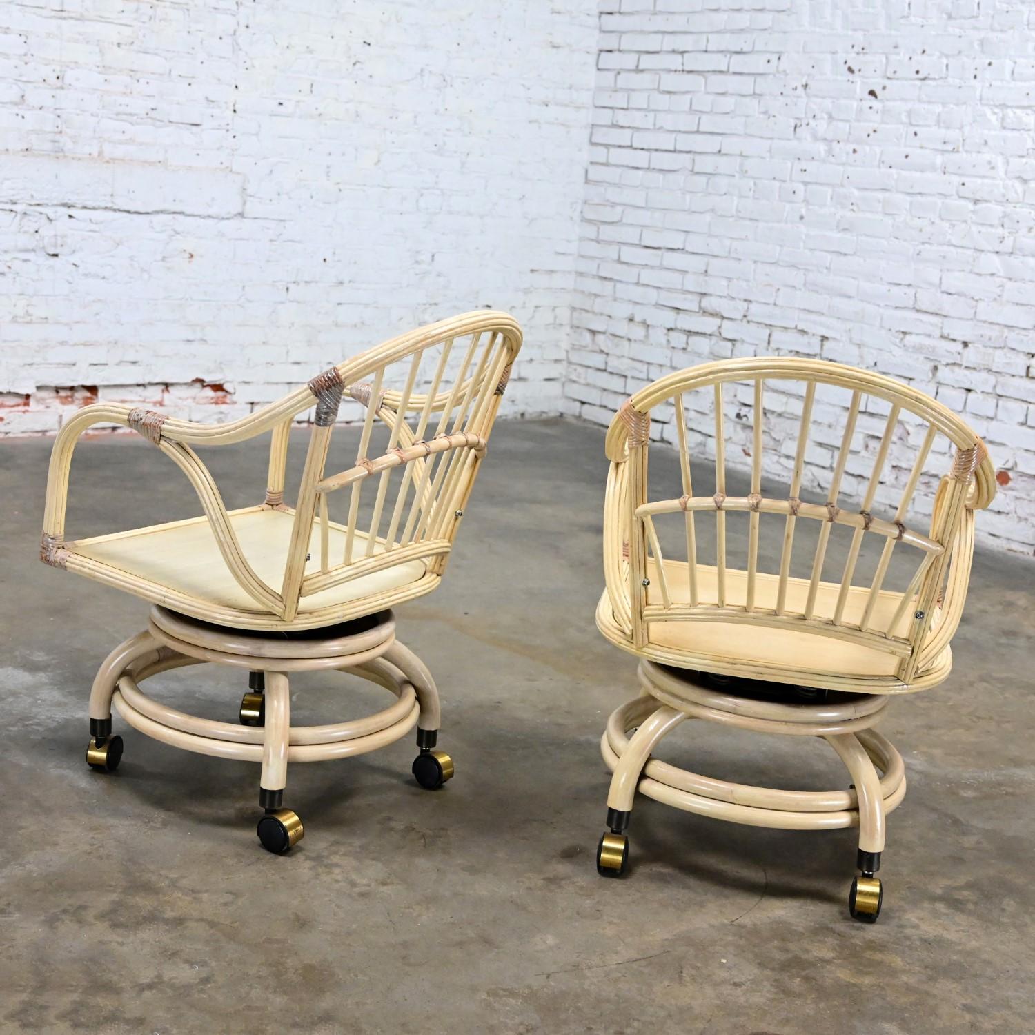 Coastal Island Style Cerused Reeded Rattan Rolling & Swivel Chairs a Pair For Sale 5