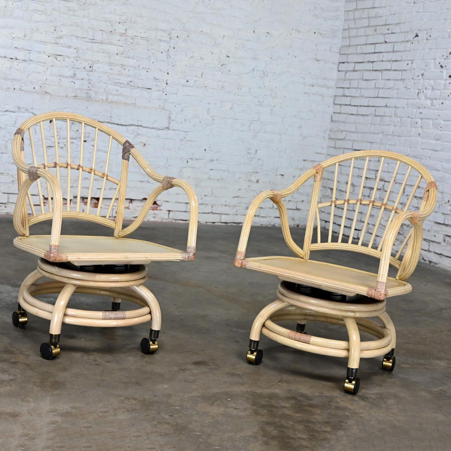 Coastal Island Style Cerused Reeded Rattan Rolling & Swivel Chairs a Pair For Sale 7