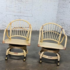 Coastal Island Style Cerused Reeded Rattan Rolling & Swivel Chairs a Pair