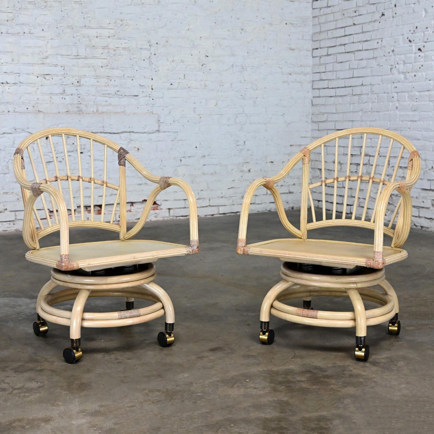Coastal Island Style Cerused Reeded Rattan Rolling & Swivel Chairs a Pair For Sale 13