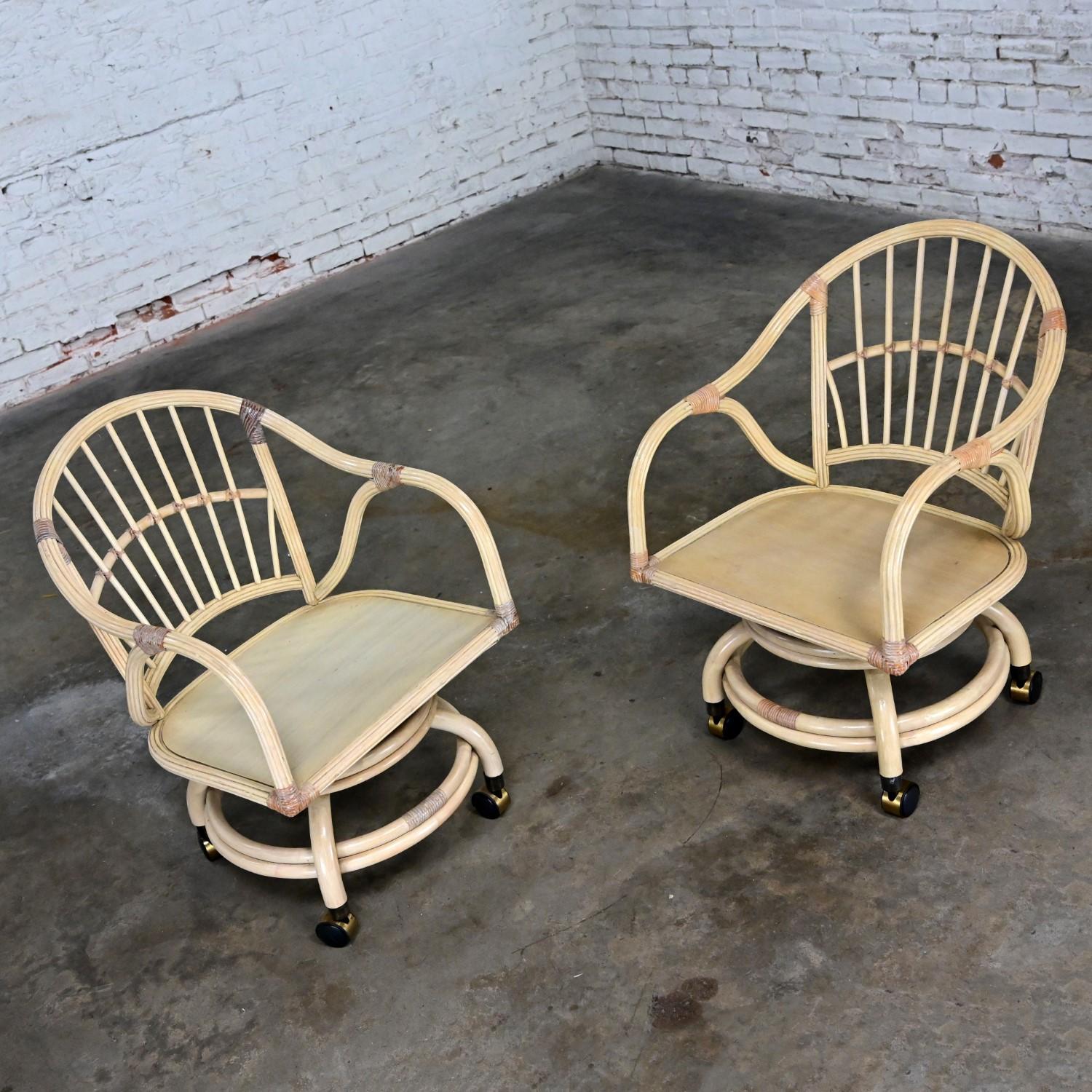 Other Coastal Island Style Cerused Reeded Rattan Rolling & Swivel Chairs a Pair For Sale