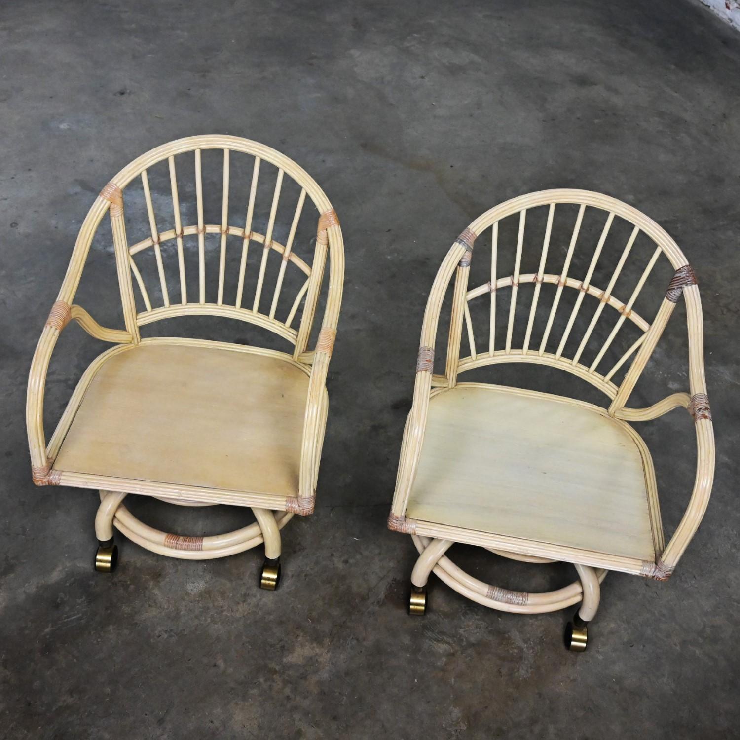 American Coastal Island Style Cerused Reeded Rattan Rolling & Swivel Chairs a Pair For Sale