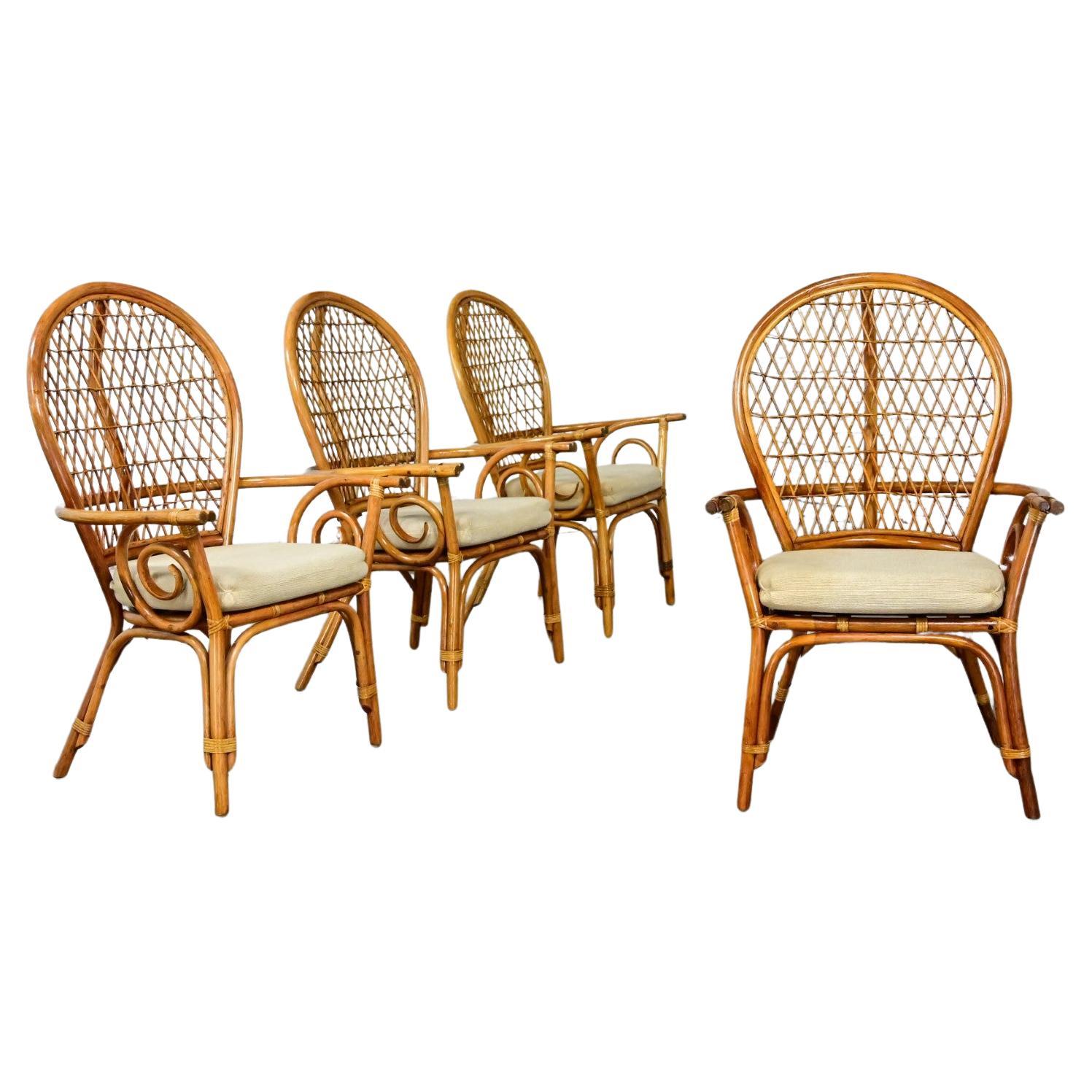 Coastal Island Style Hollywood Regency Balloon Back Rattan Dining Chairs Set 4 For Sale
