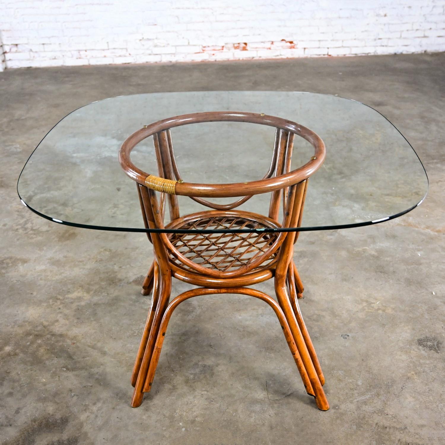 Unknown Coastal Island Style or Hollywood Regency Rattan Glass Top Dining or Game Table For Sale