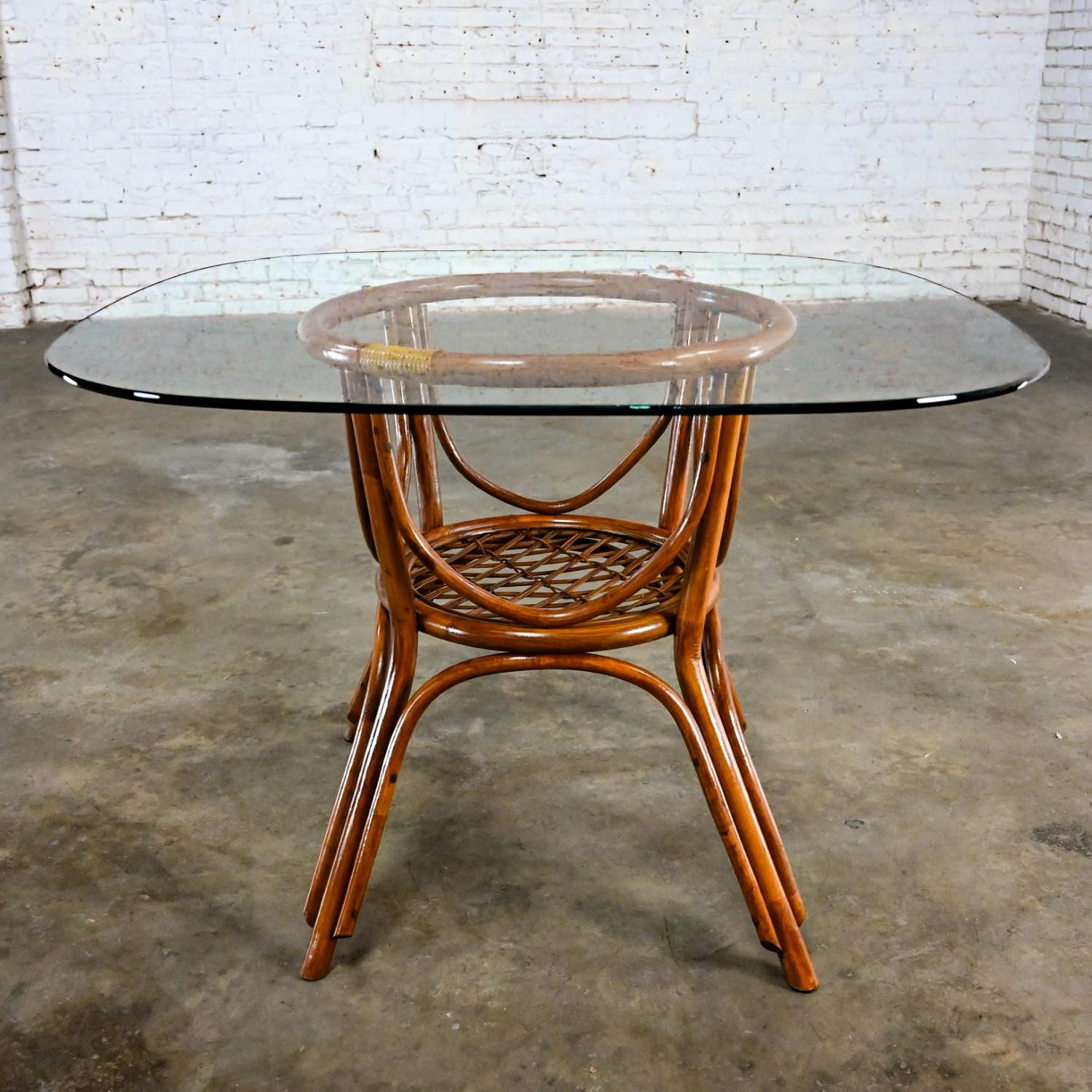 Coastal Island Style or Hollywood Regency Rattan Glass Top Dining or Game Table In Good Condition For Sale In Topeka, KS
