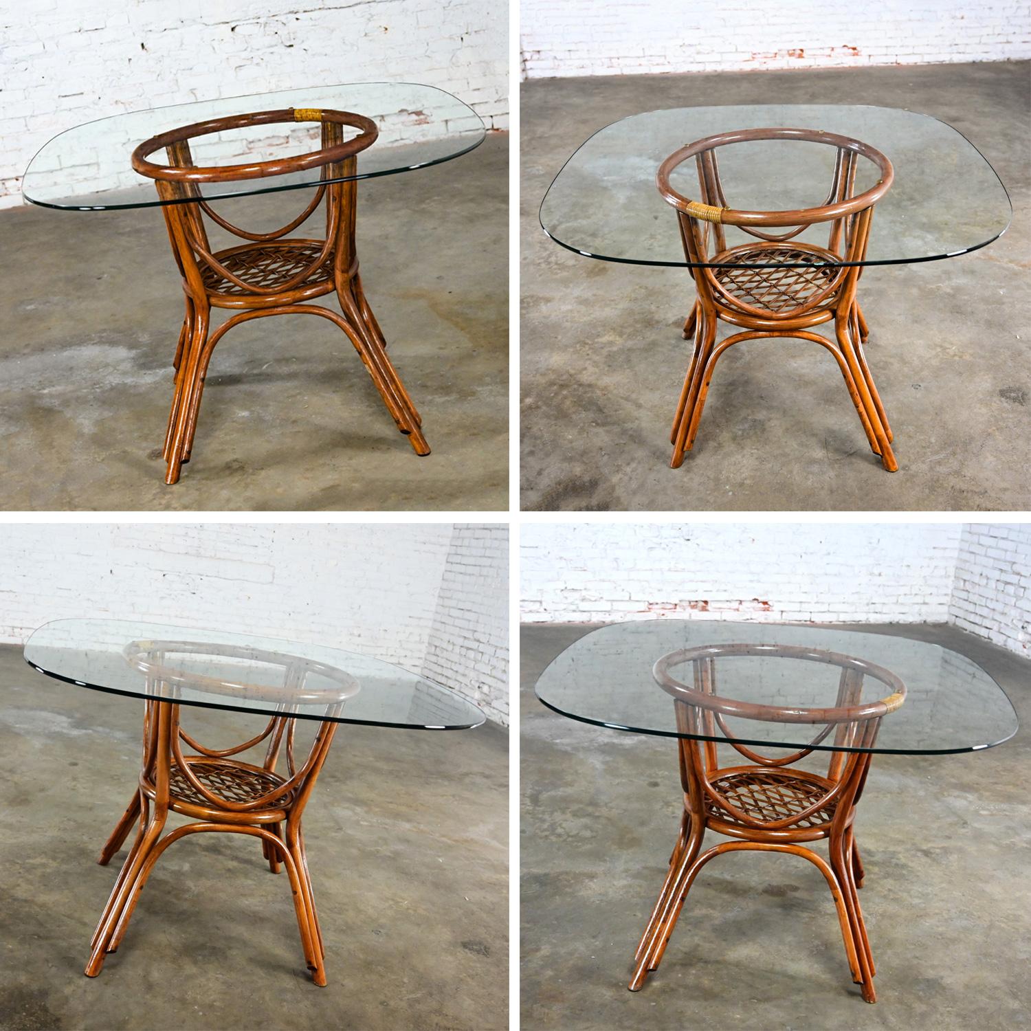 Coastal Island Style Rattan Glass Top Dining or Game Table & 4 Chairs a Set For Sale 3