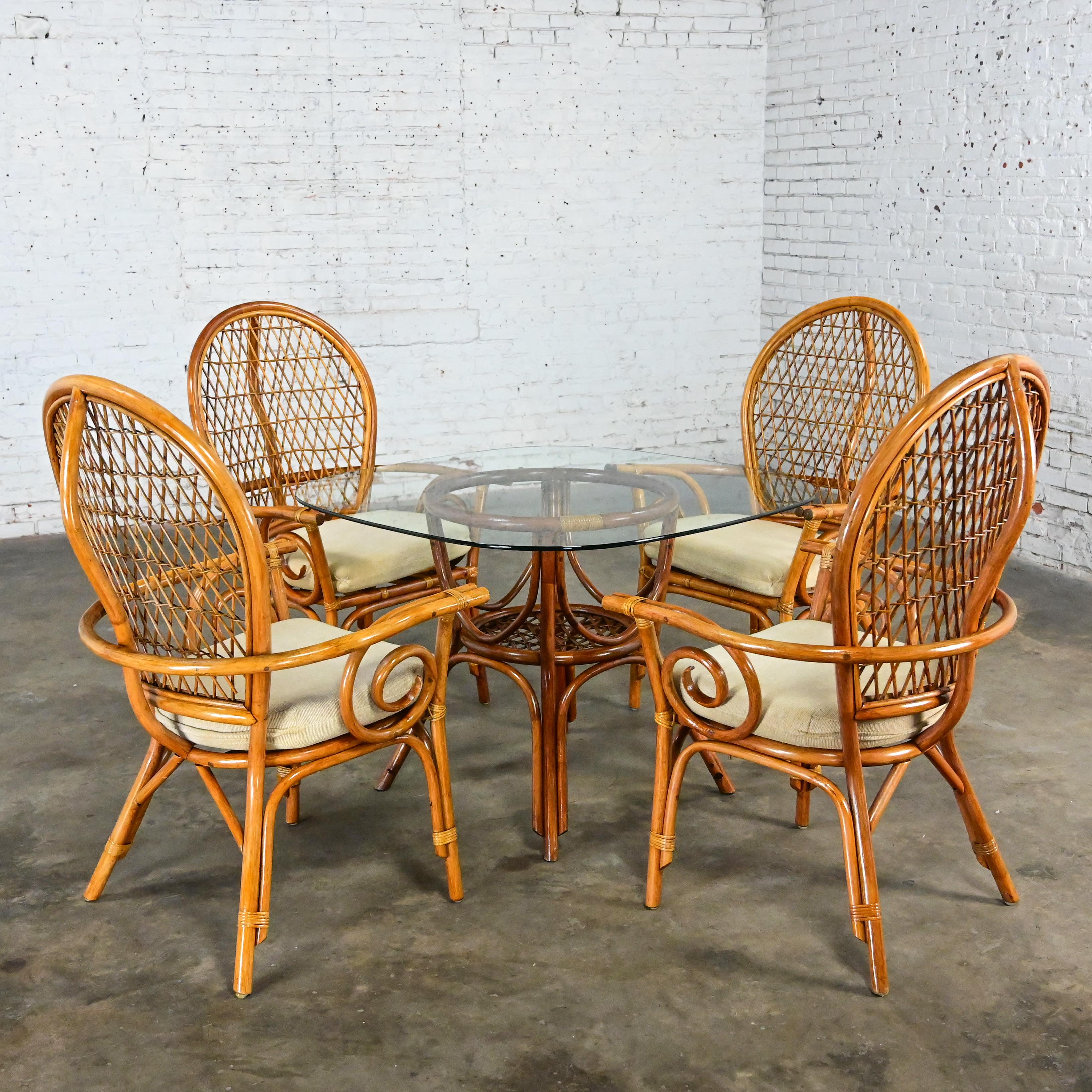 Hollywood Regency Coastal Island Style Rattan Glass Top Dining or Game Table & 4 Chairs a Set For Sale