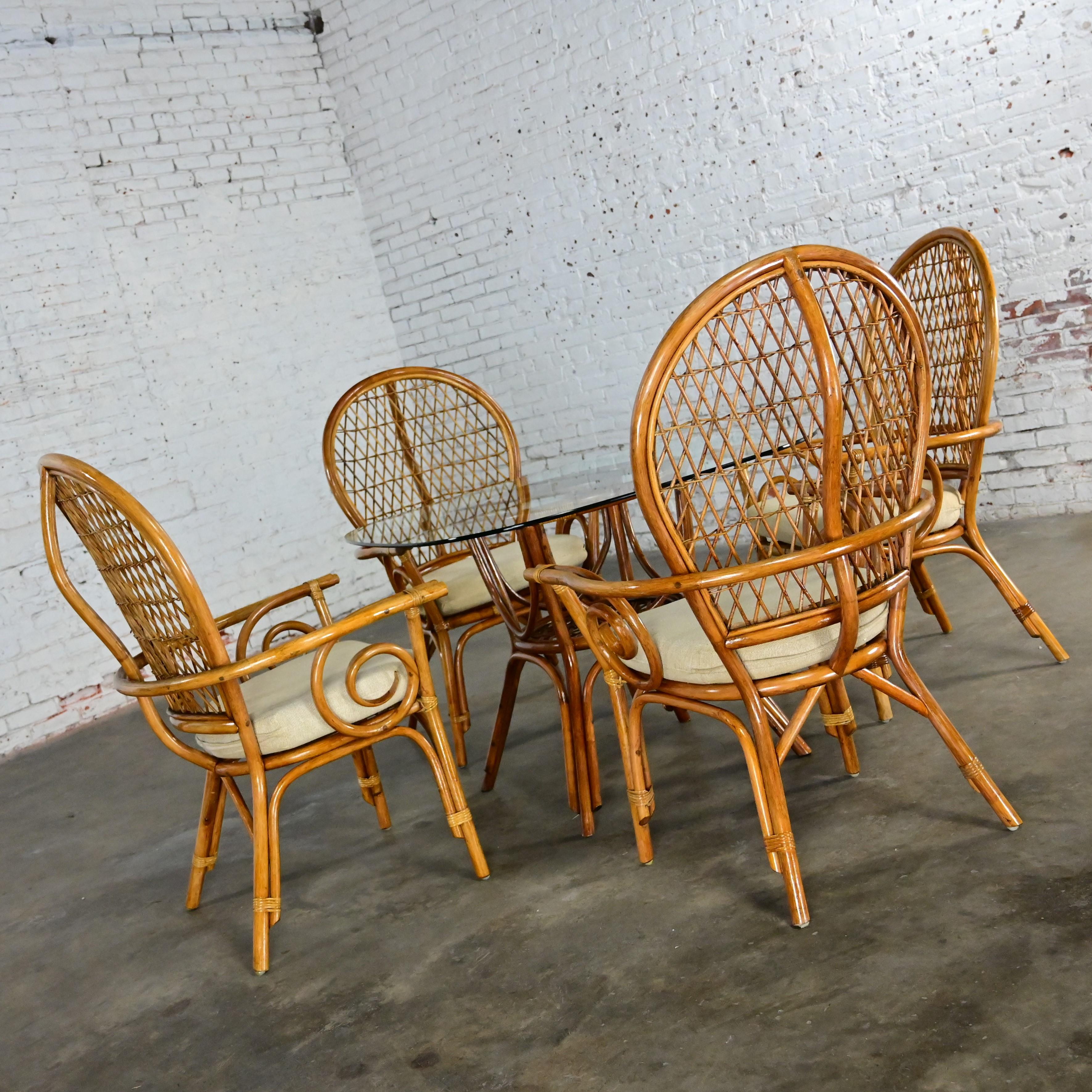 Unknown Coastal Island Style Rattan Glass Top Dining or Game Table & 4 Chairs a Set For Sale
