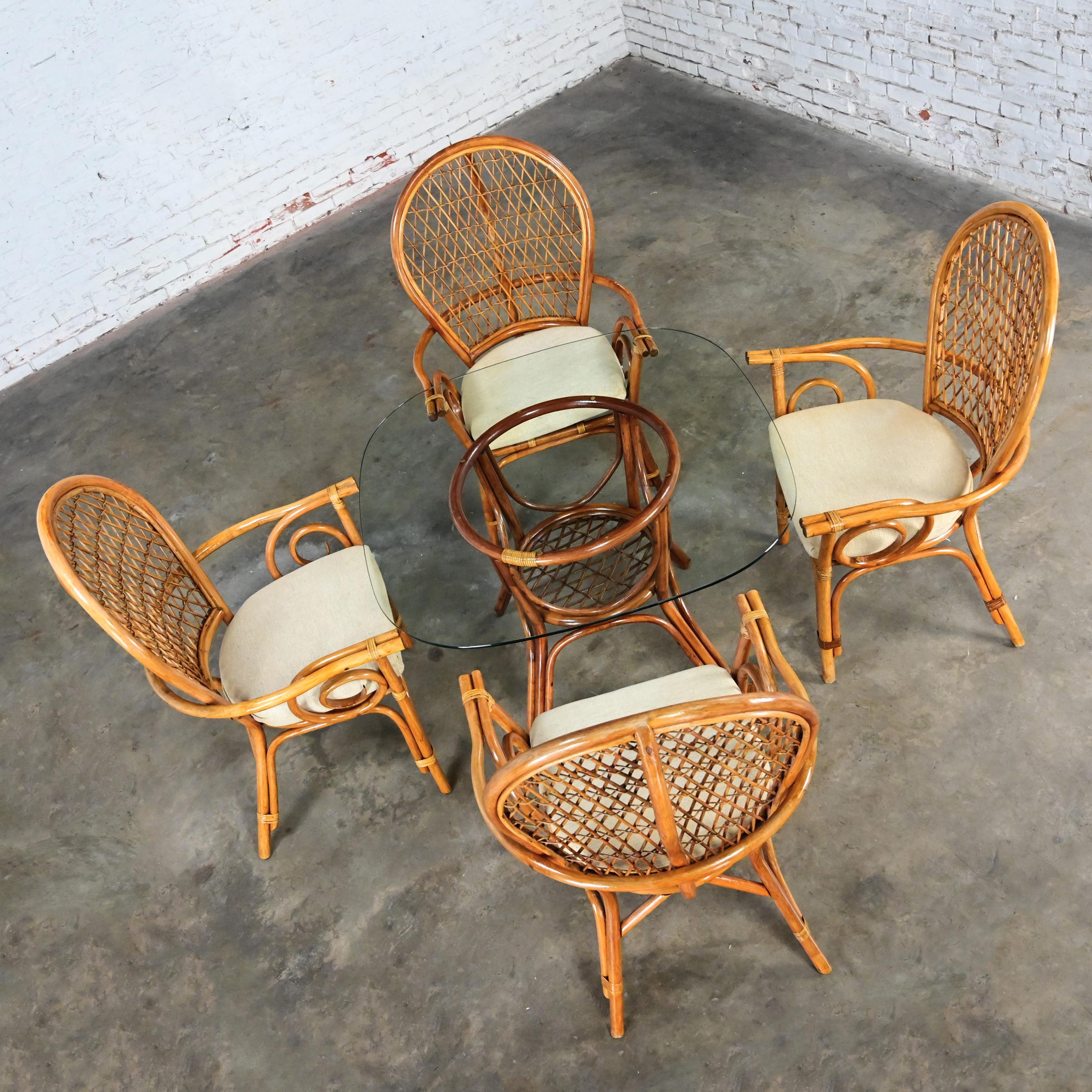 Coastal Island Style Rattan Glass Top Dining or Game Table & 4 Chairs a Set For Sale 10