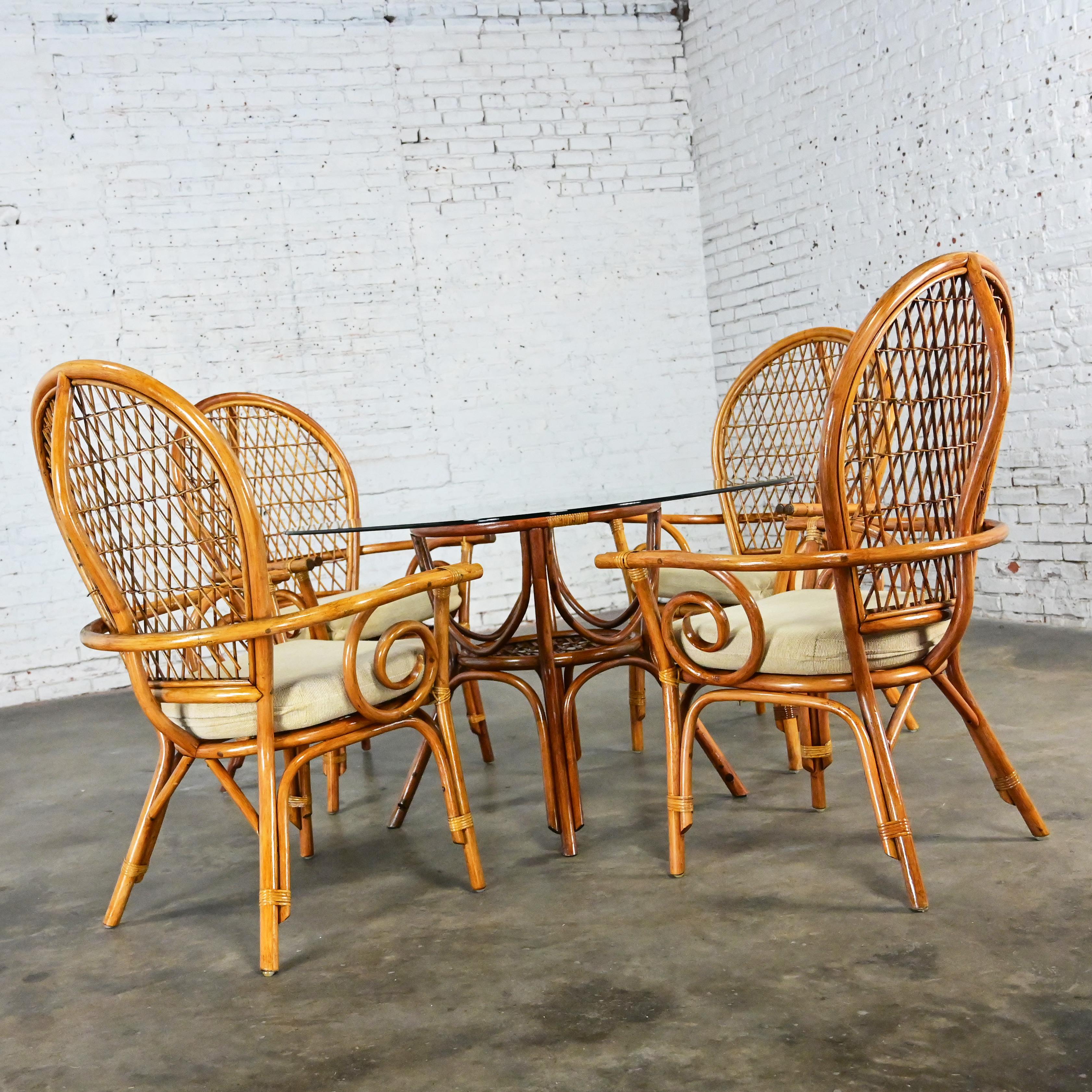 20th Century Coastal Island Style Rattan Glass Top Dining or Game Table & 4 Chairs a Set For Sale