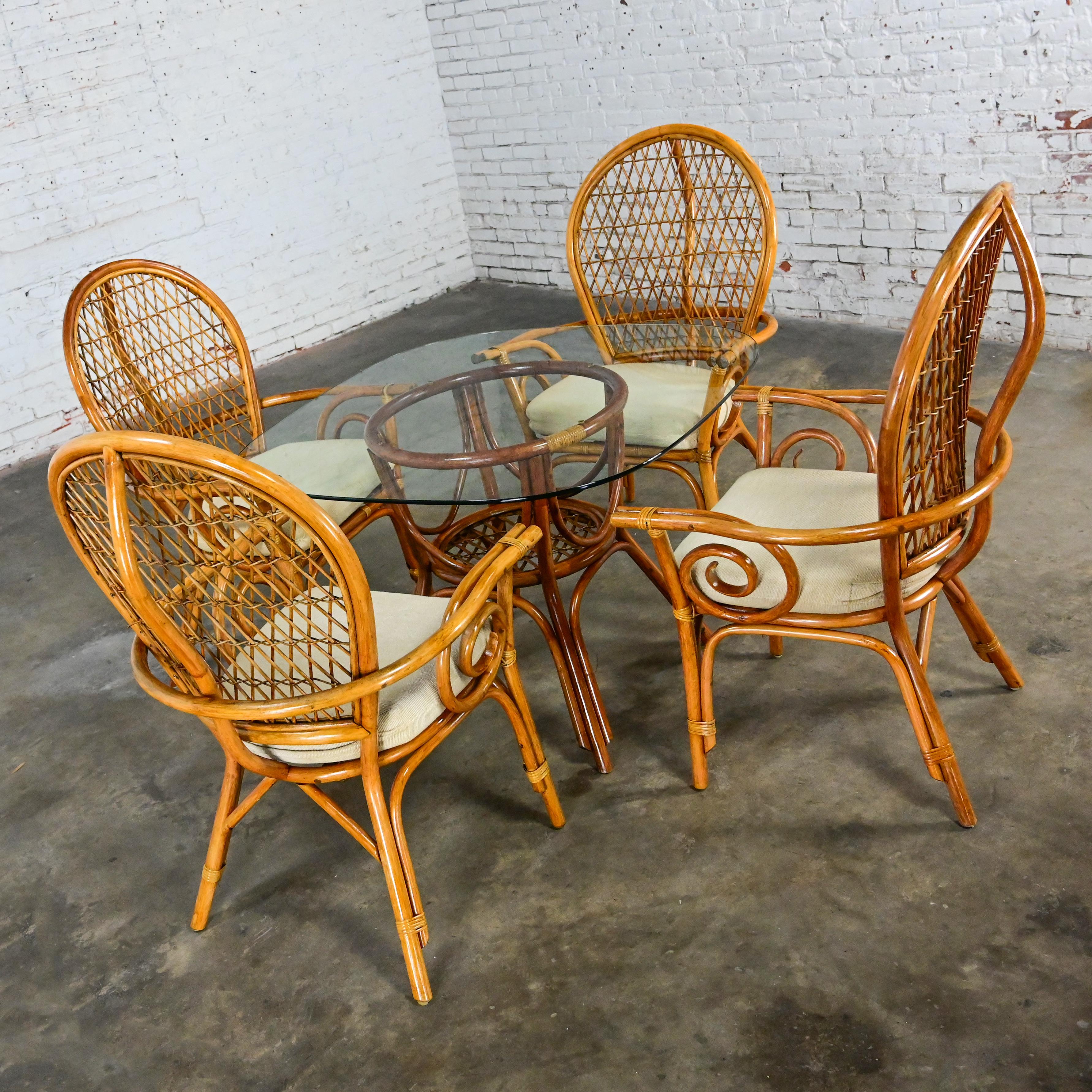 Coastal Island Style Rattan Glass Top Dining or Game Table & 4 Chairs a Set For Sale 1