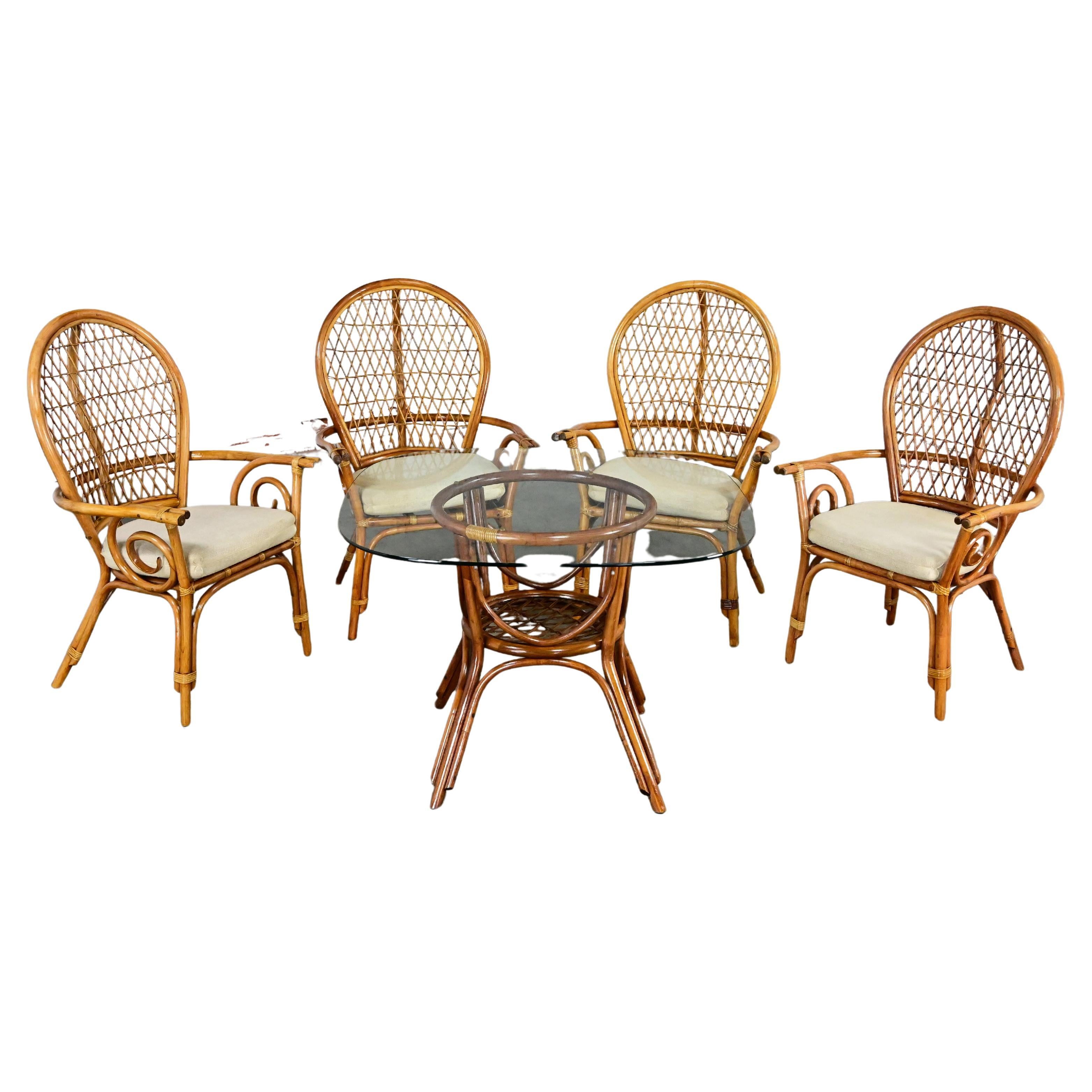 Coastal Island Style Rattan Glass Top Dining or Game Table & 4 Chairs a Set For Sale