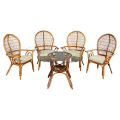 Antique Coastal Island Style Rattan Glass Top Dining or Game Table & 4 Chairs a Set