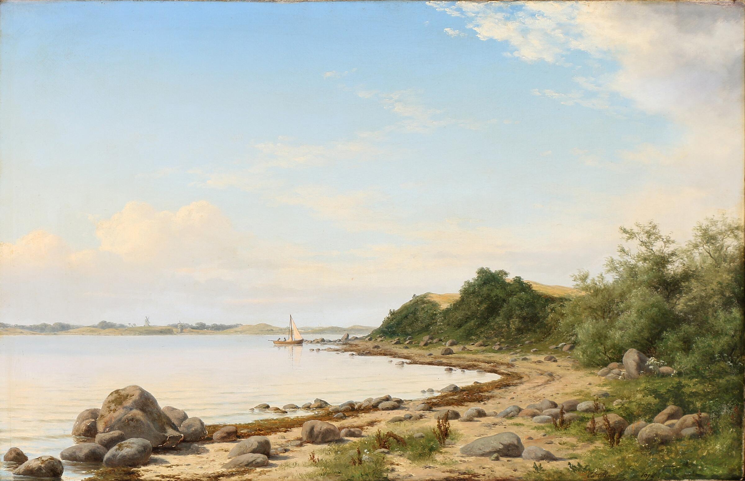 Carl Baagøe, Danish Marine artist 1829-1902: Coastal scape with sail boat and drifting clouds. Signed and dated Carl Baagøe, 1872. Oil on canvas. Carl Baagoe was a talented artist, studying at the Royal Danish Academy of Fine Arts. He travelled to