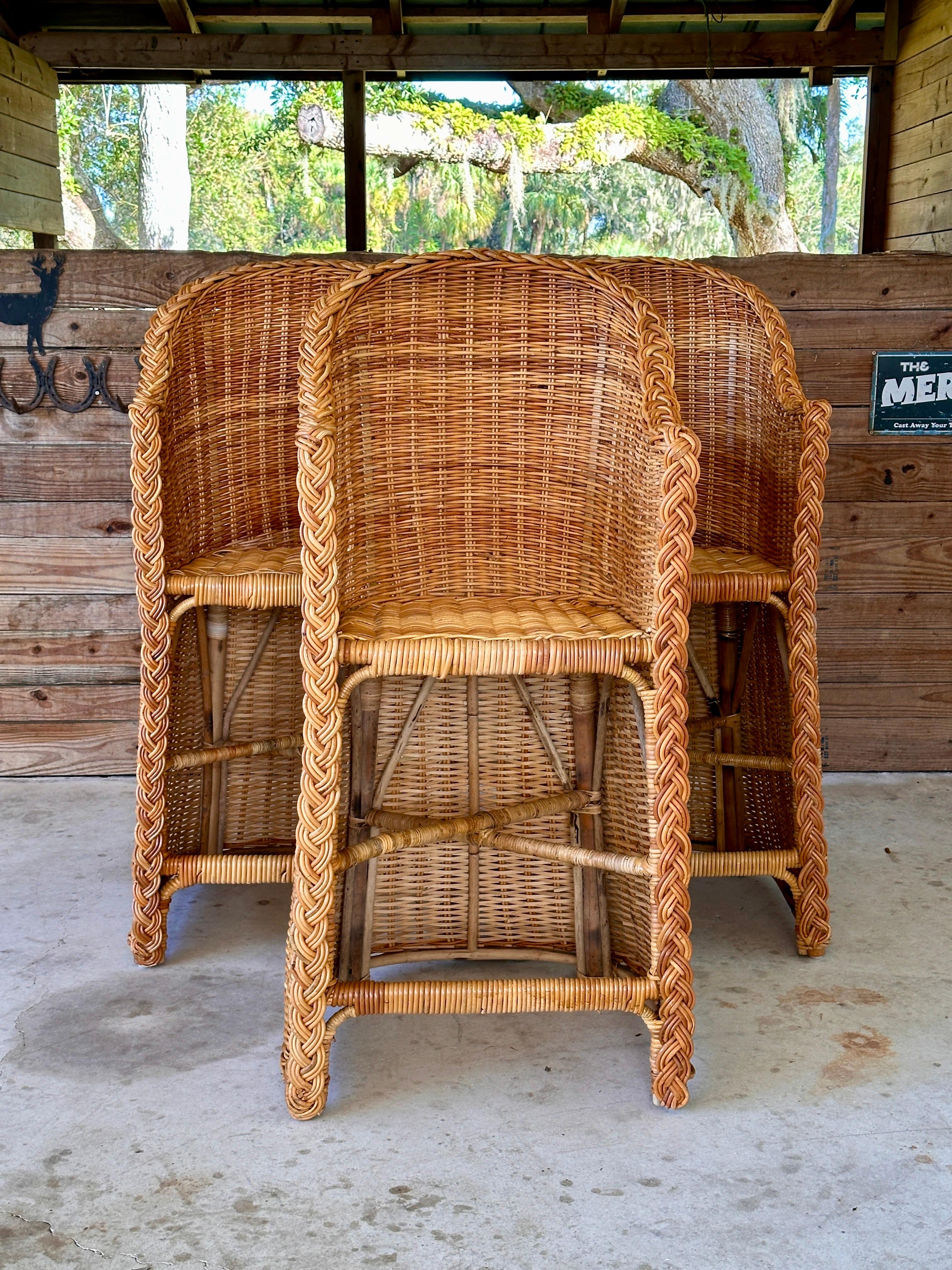 Coastal Large Braid Rattan Bar Stools by Wicker Works Manner of Michael Taylor-S In Good Condition For Sale In North Fort Myers, FL