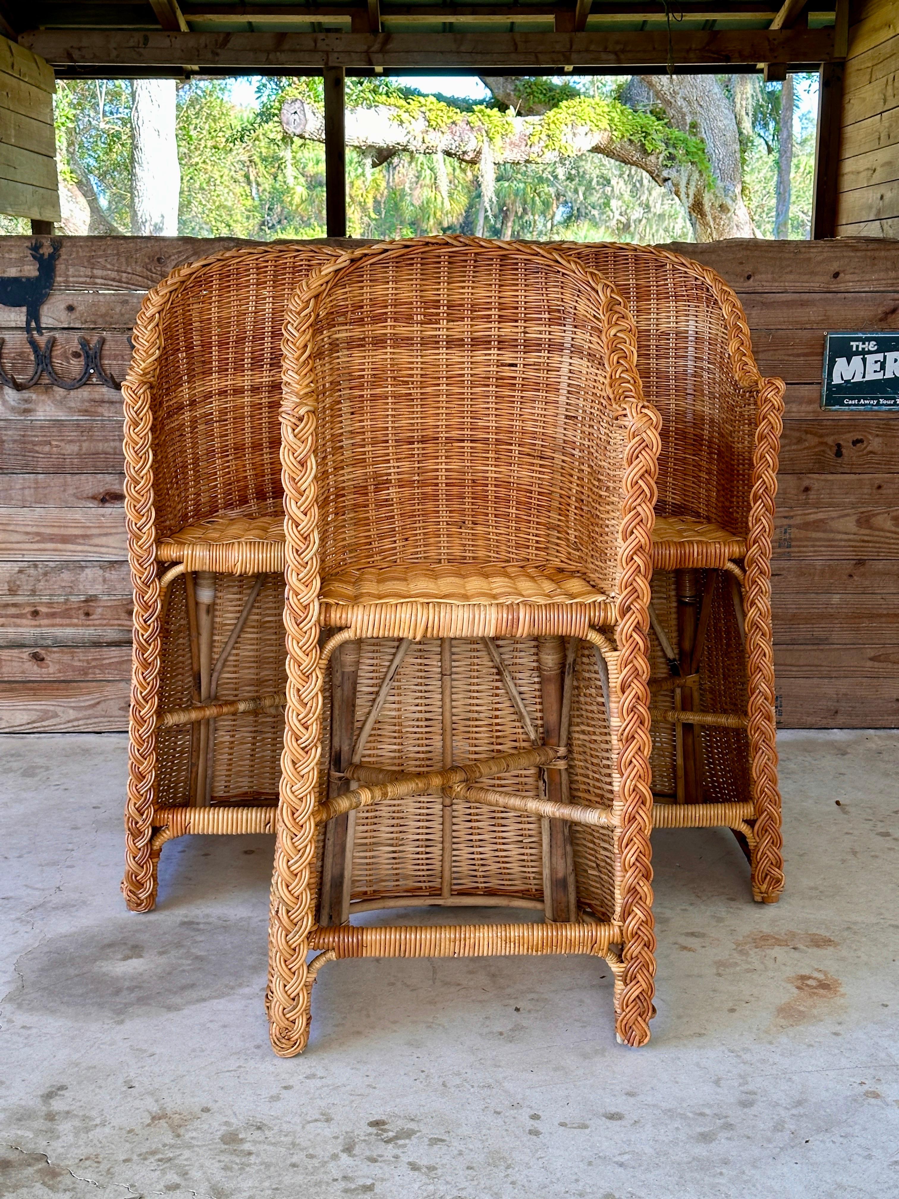 Coastal Large Braid Rattan Bar Stools by Wicker Works Manner of Micheal Taylor 3 For Sale 5