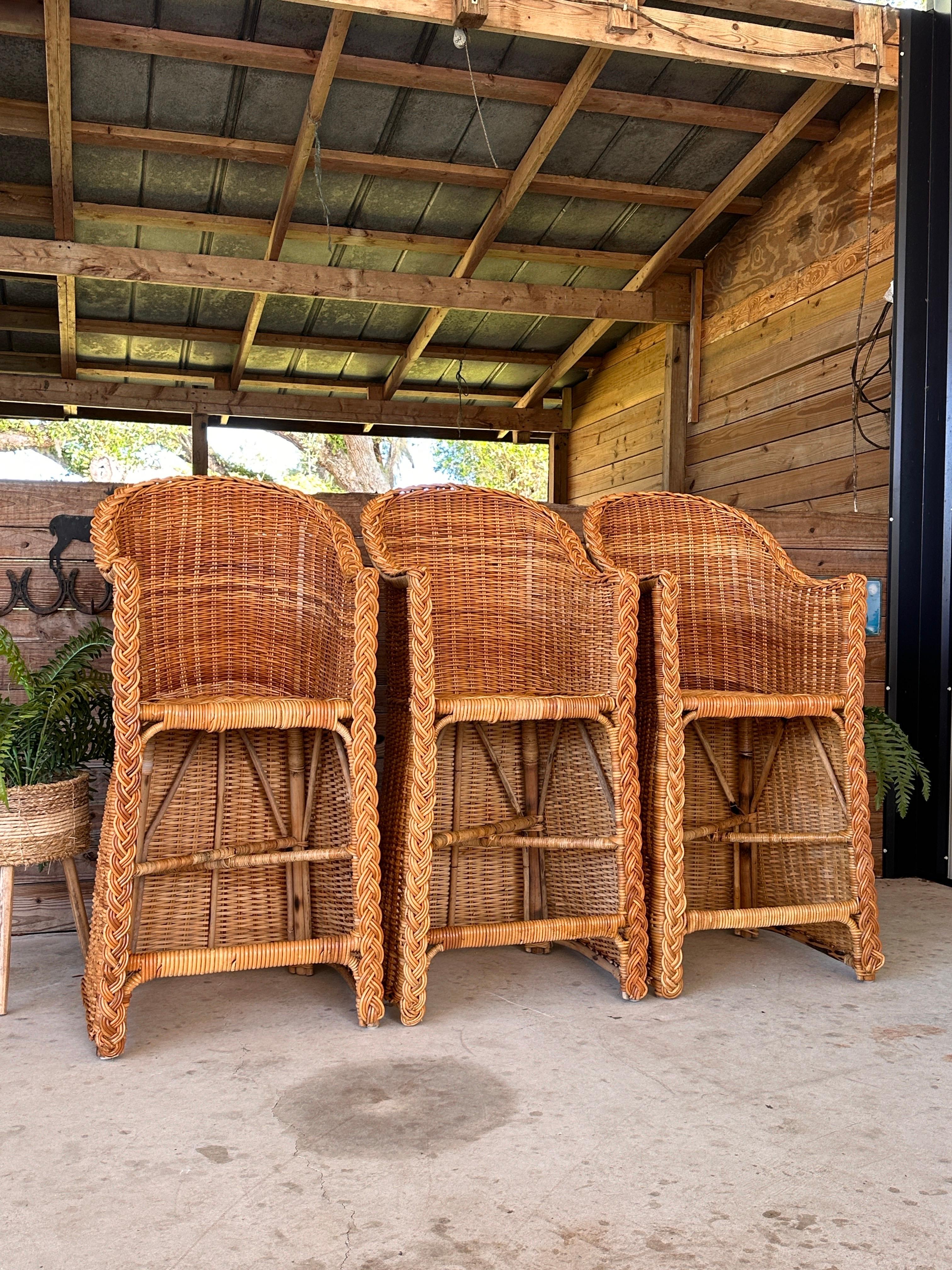 Coastal Large Braid Rattan Bar Stools by Wicker Works Manner of Micheal Taylor 3 For Sale 7