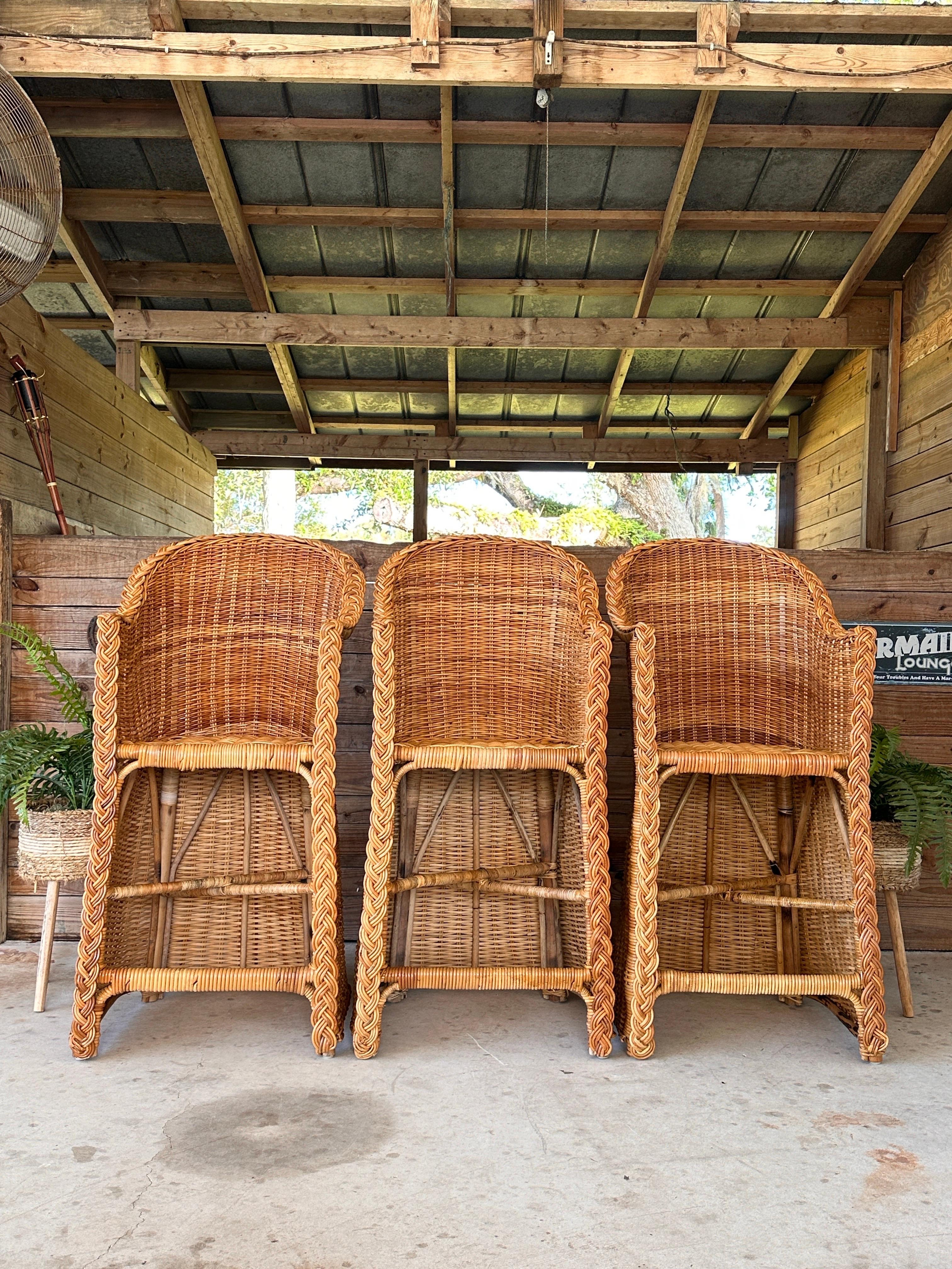 Coastal Large Braid Rattan Bar Stools by Wicker Works Manner of Micheal Taylor 3 For Sale 8
