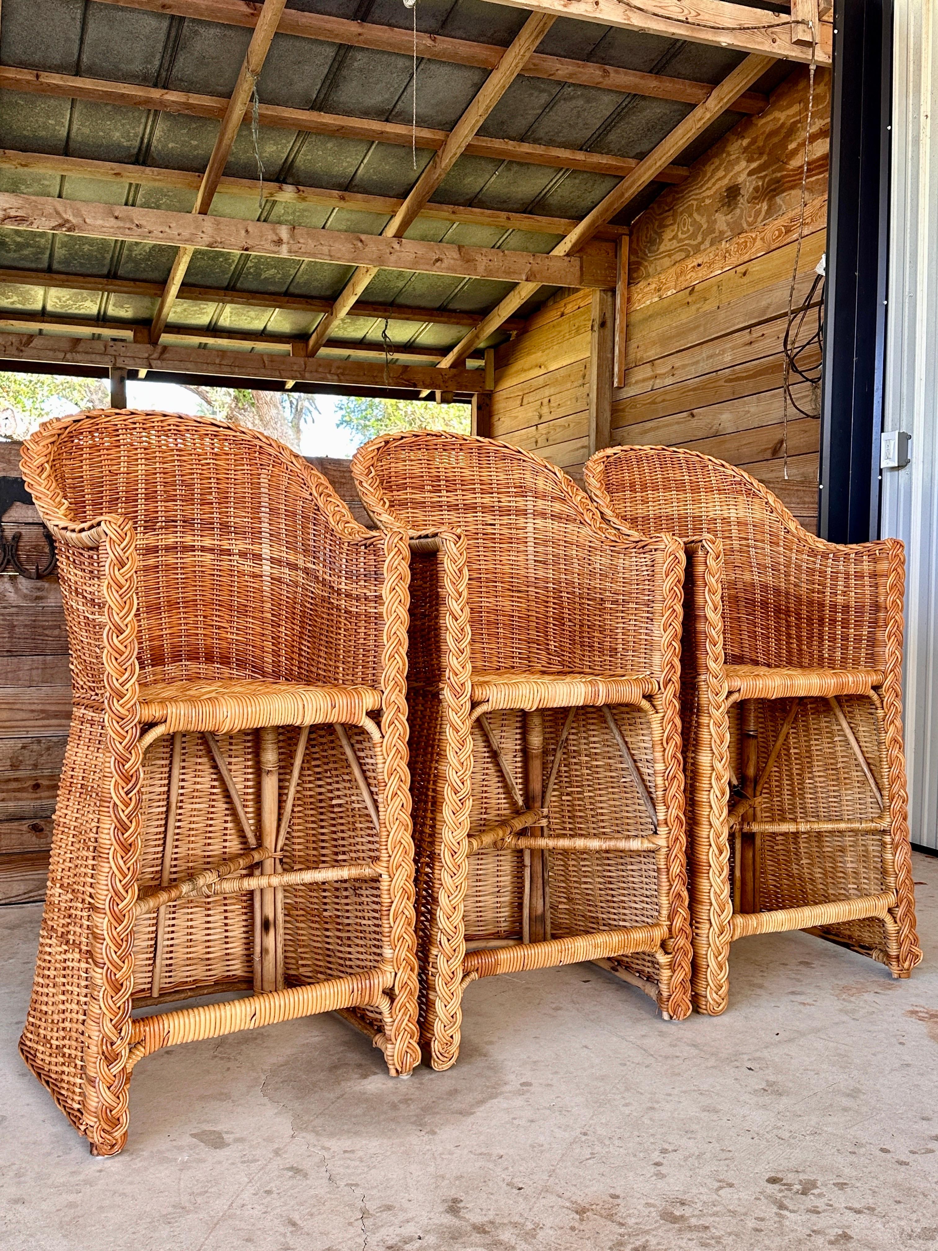 Coastal Large Braid Rattan Bar Stools by Wicker Works Manner of Micheal Taylor 3 For Sale 9