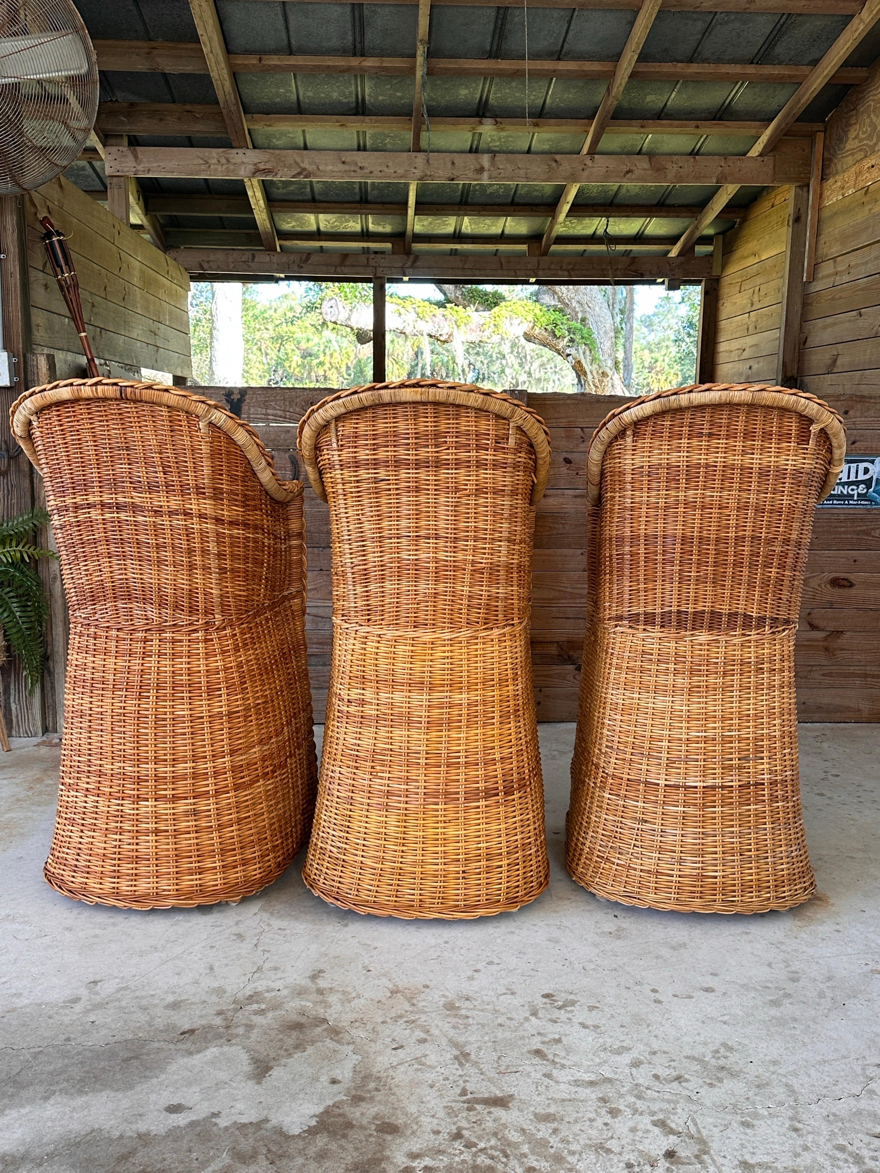Coastal Large Braid Rattan Bar Stools by Wicker Works Manner of Micheal Taylor 3 In Good Condition For Sale In North Fort Myers, FL