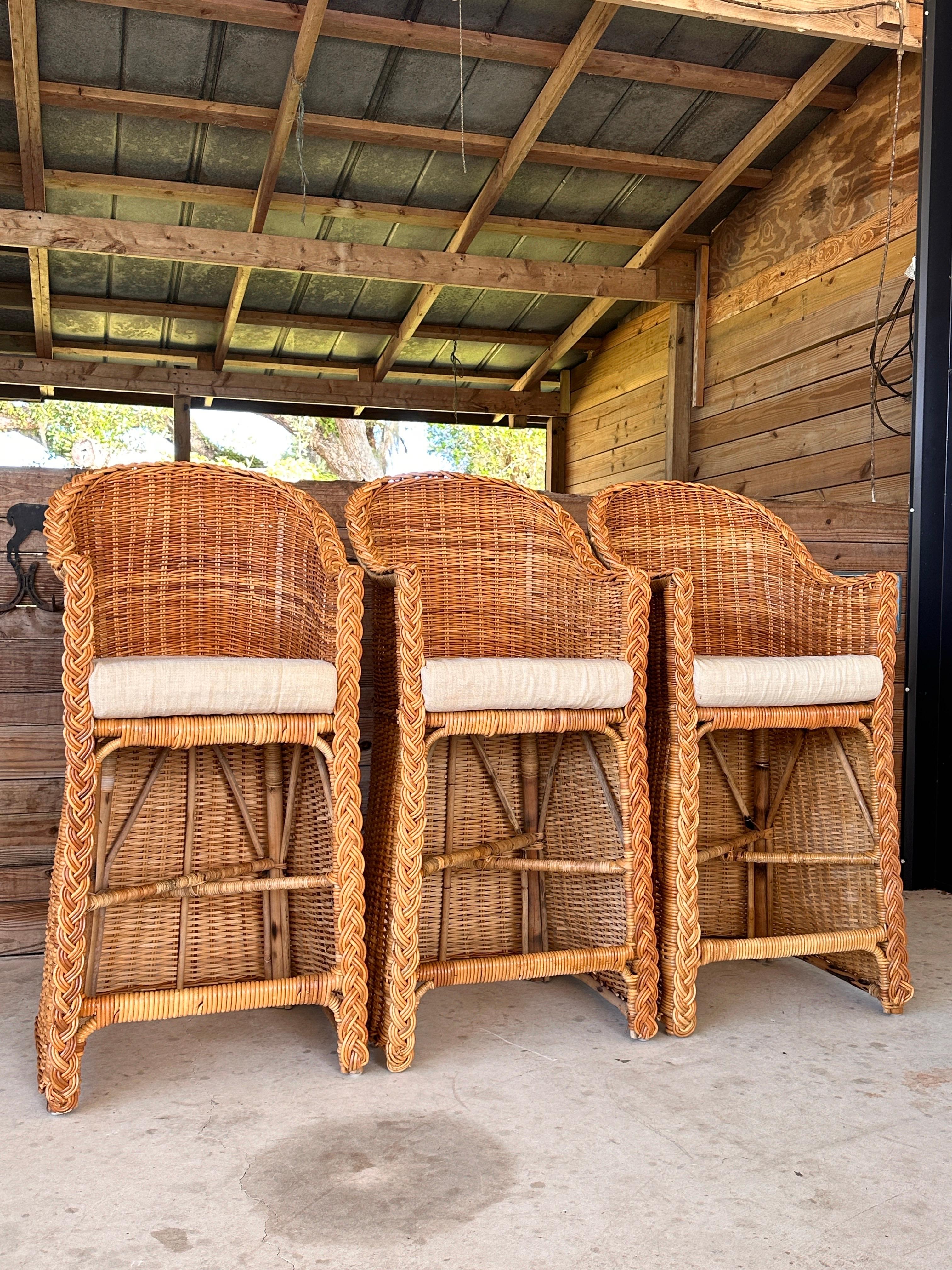 Late 20th Century Coastal Large Braid Rattan Bar Stools by Wicker Works Manner of Micheal Taylor 3 For Sale